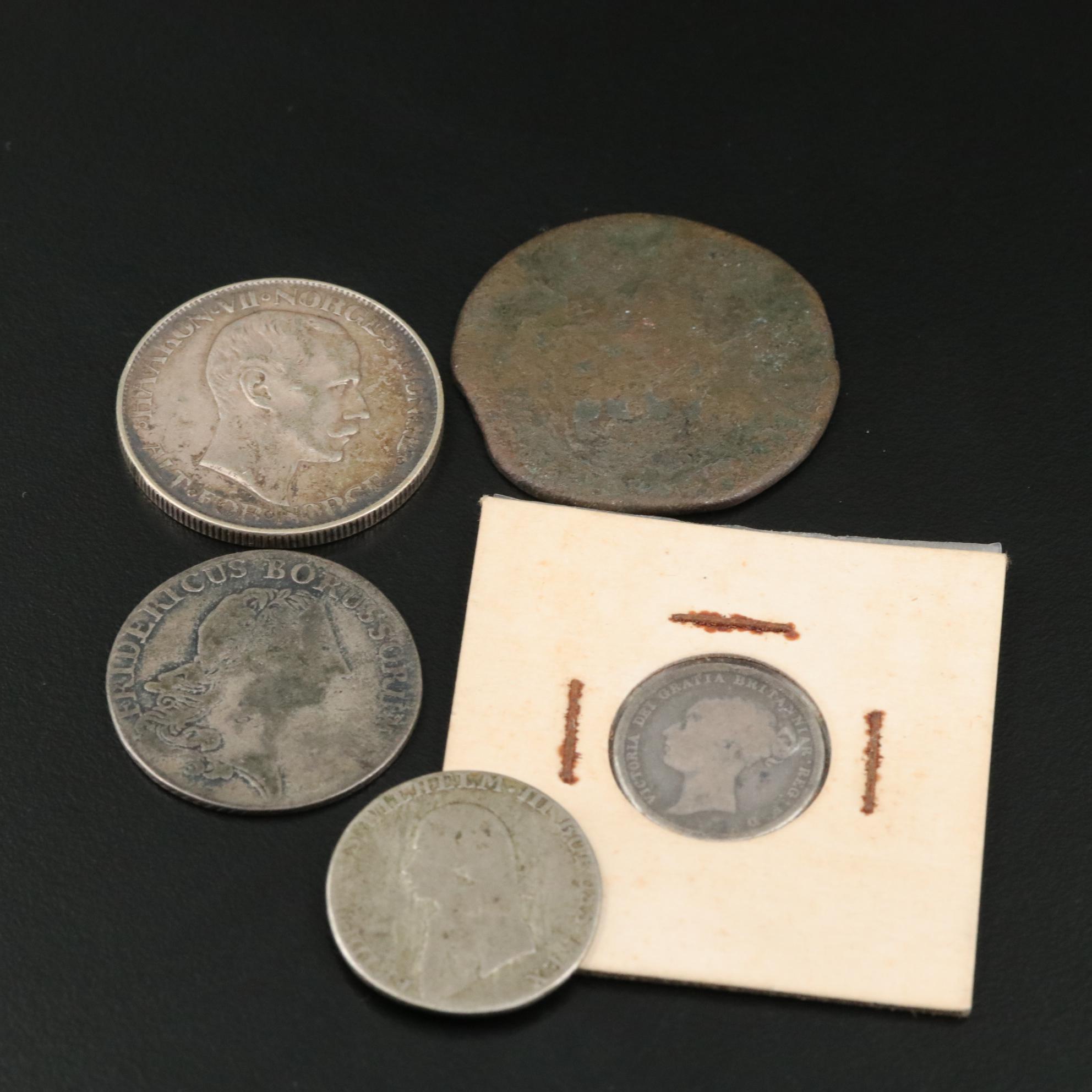Group of Four Silver and One Copper World Coins