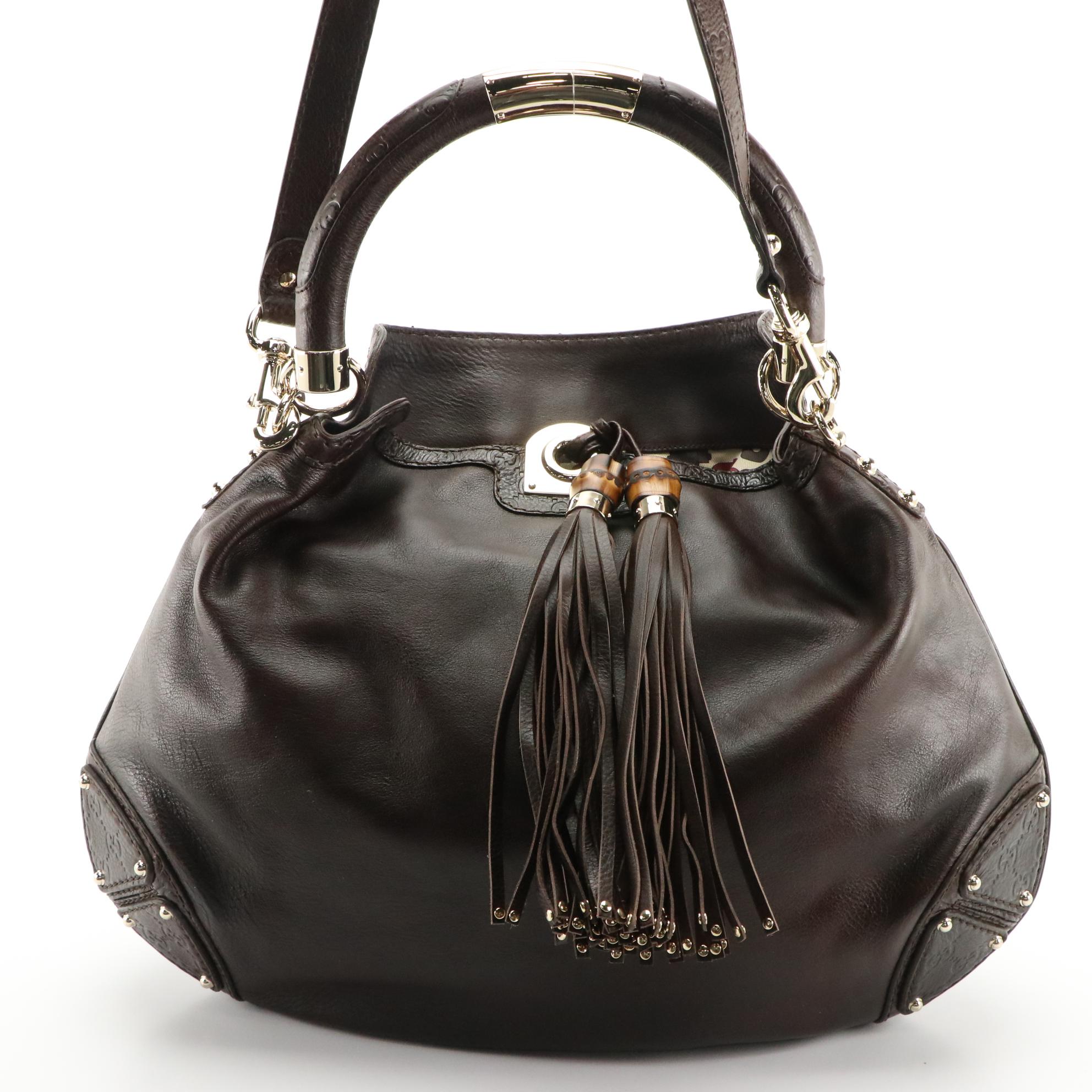 Gucci Indy Bag in Brown Grain and Guccissima Leather with Bamboo Tassels
