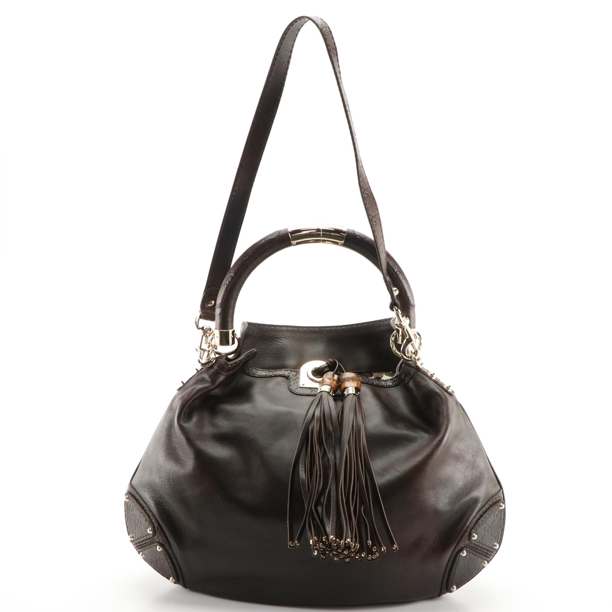 Gucci Indy Bag in Brown Grain and Guccissima Leather with Bamboo Tassels