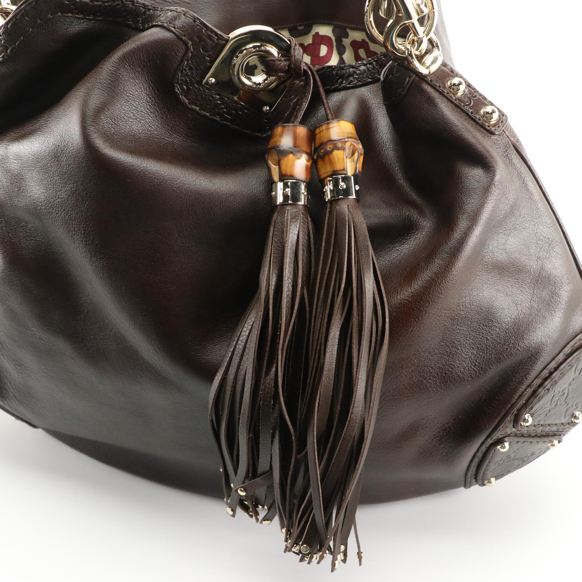 Gucci Indy Bag in Brown Grain and Guccissima Leather with Bamboo Tassels