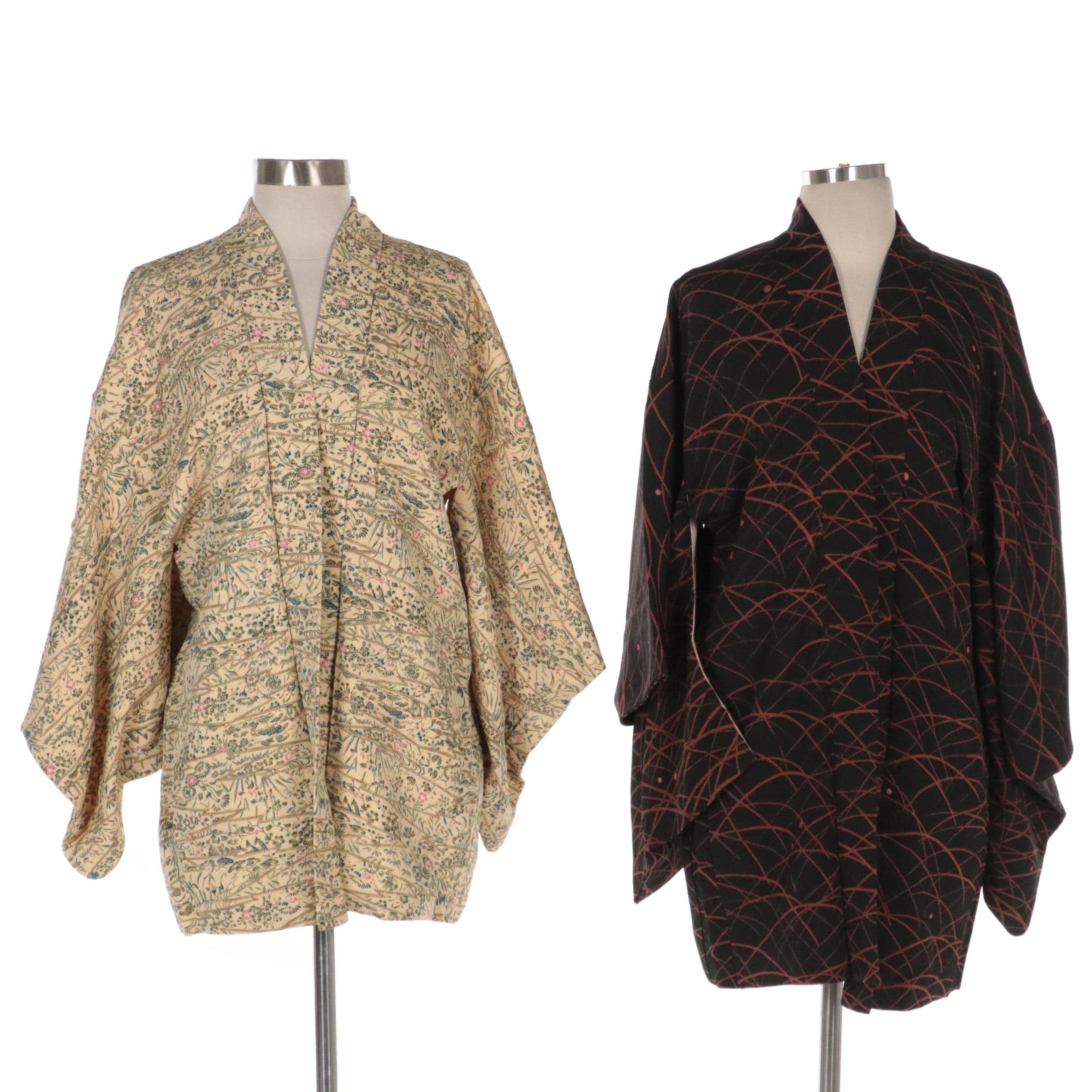 Yuzen Dyed Haoris in Black/Red and Silk Floral Pattern