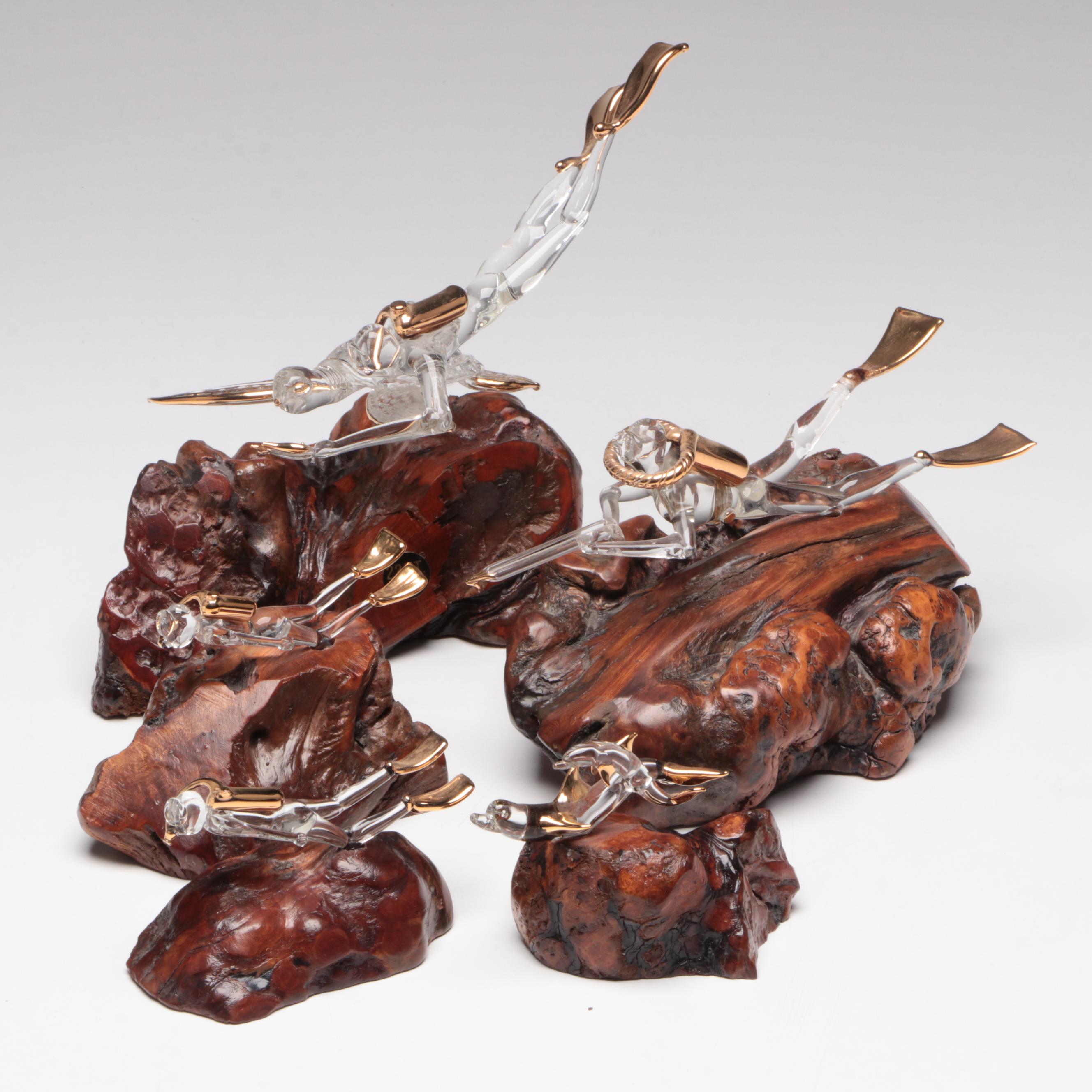 Glass Scuba Diver Figurines Mounted on Wood