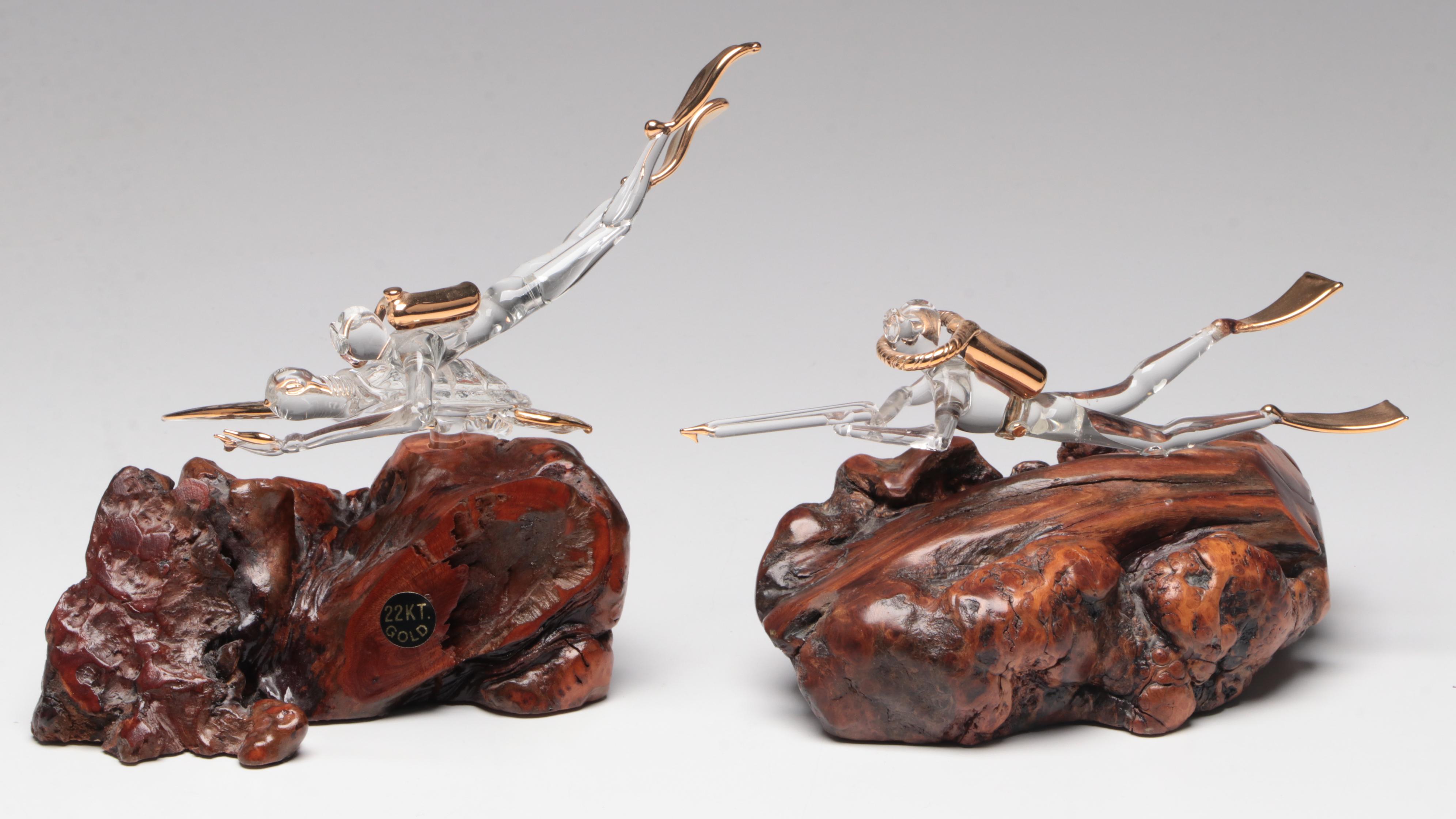 Glass Scuba Diver Figurines Mounted on Wood