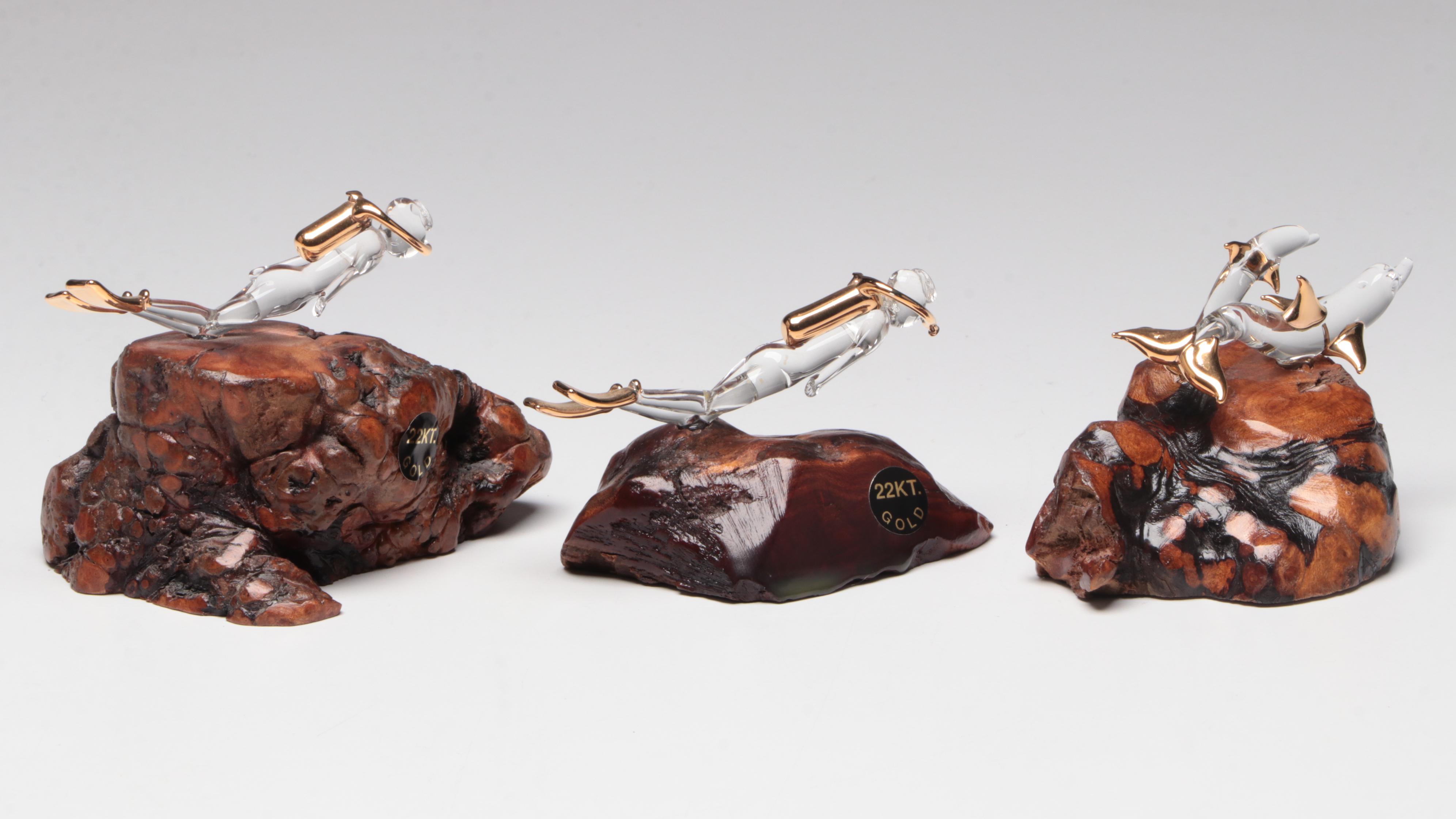 Glass Scuba Diver Figurines Mounted on Wood