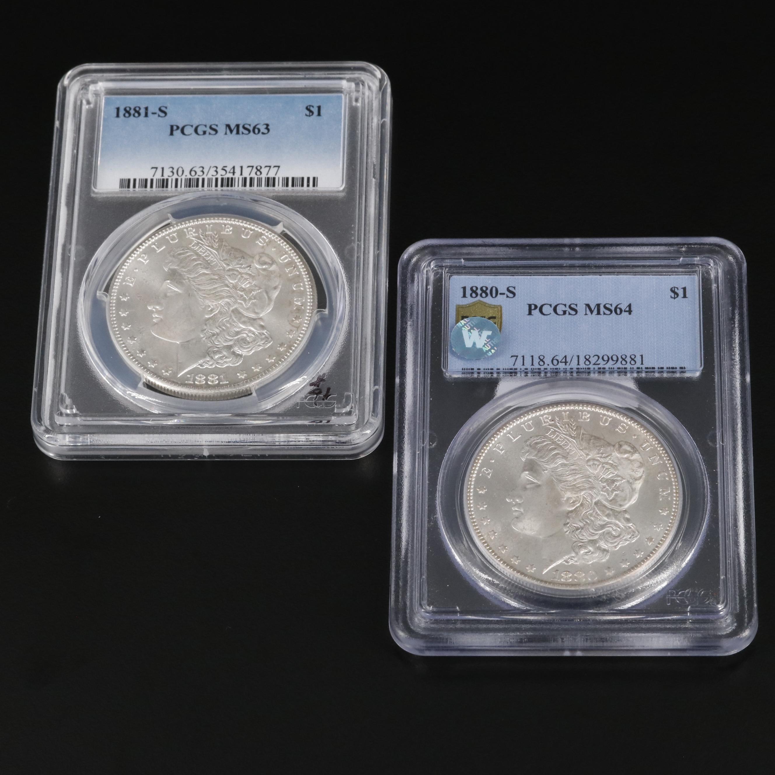 Group of Two PCGS Graded Morgan Silver Dollars Including an MS64 1880-S
