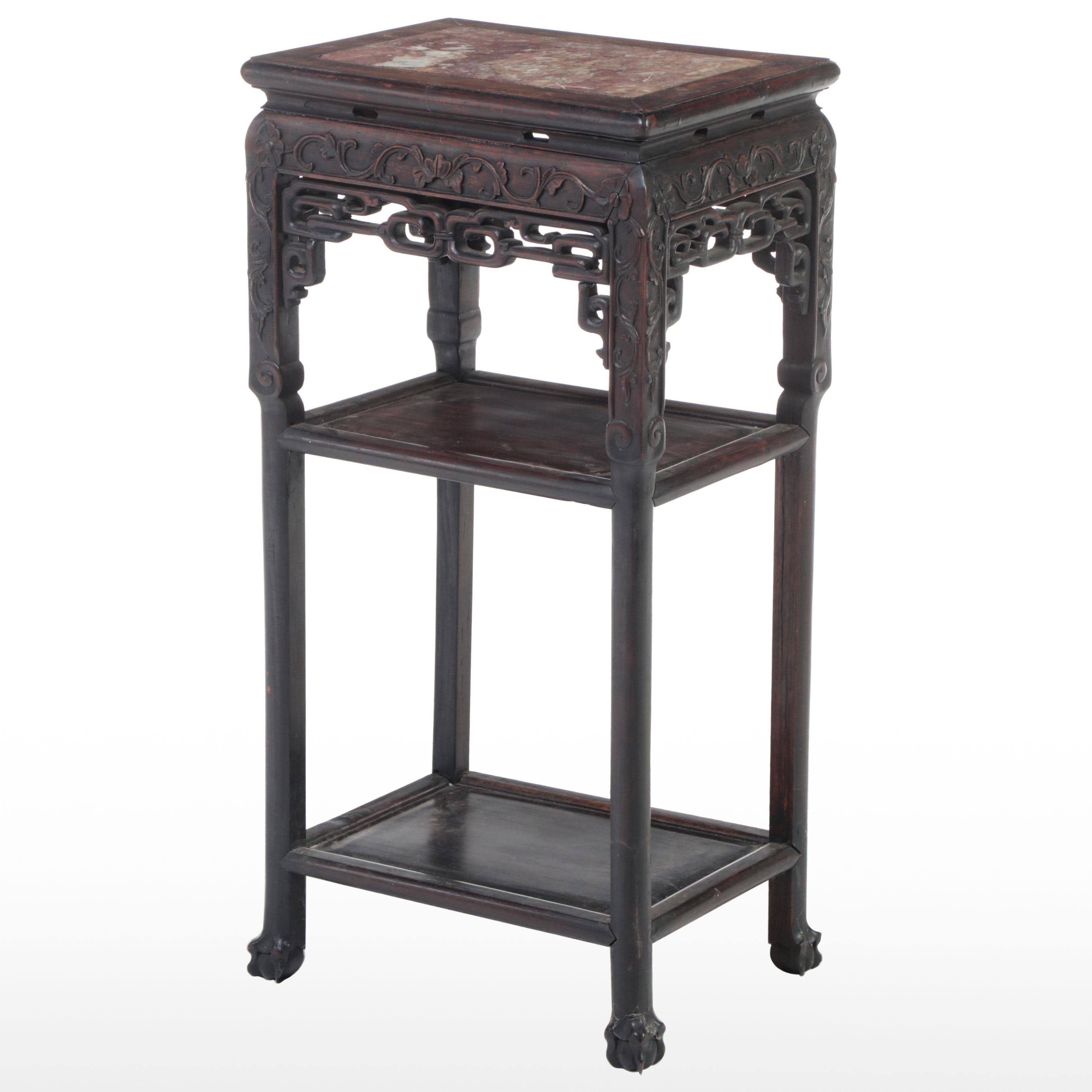 Chinese Carved Hardwood and Marble Top Three-Tier Stand