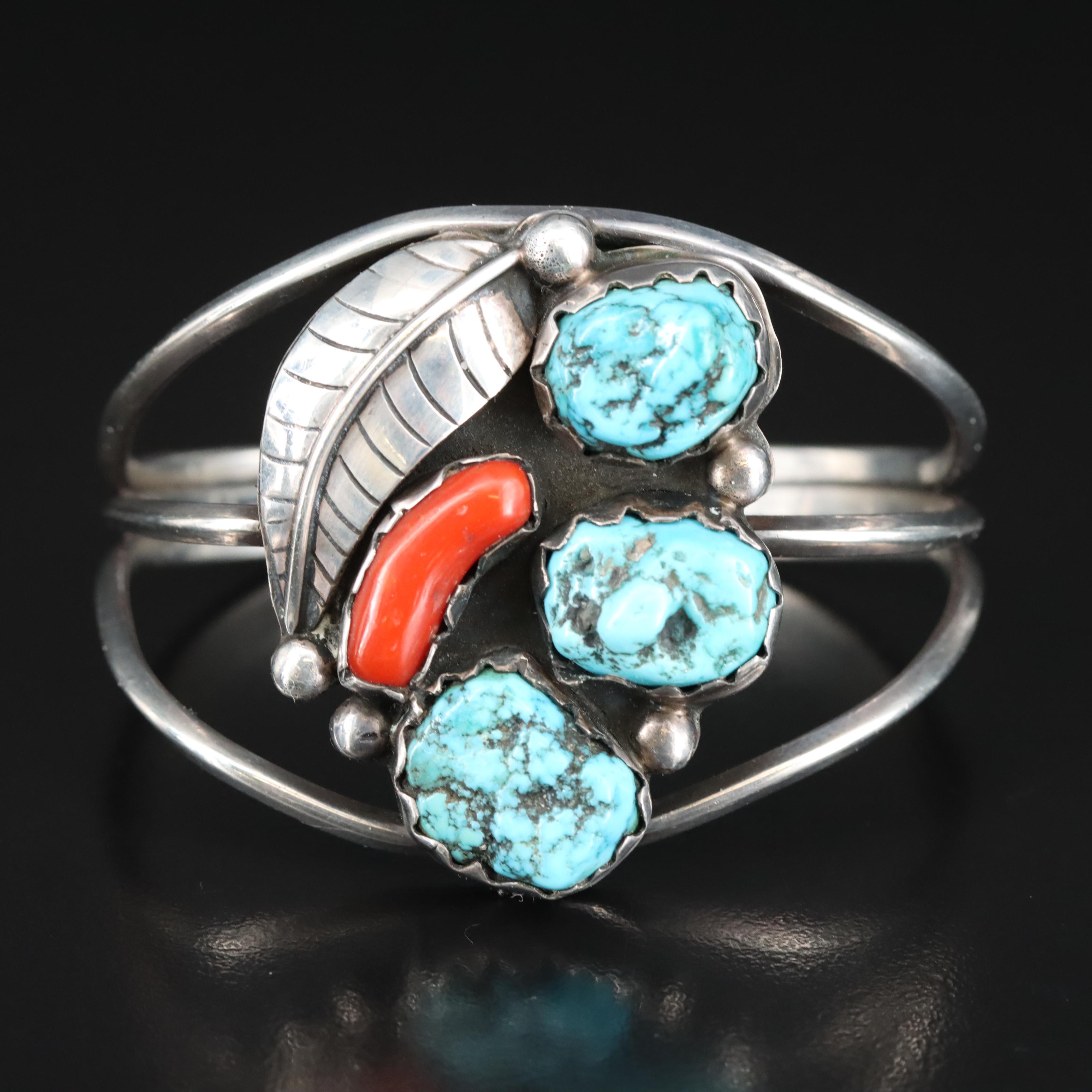 Western Style Sterling Turquoise and Coral Cuff