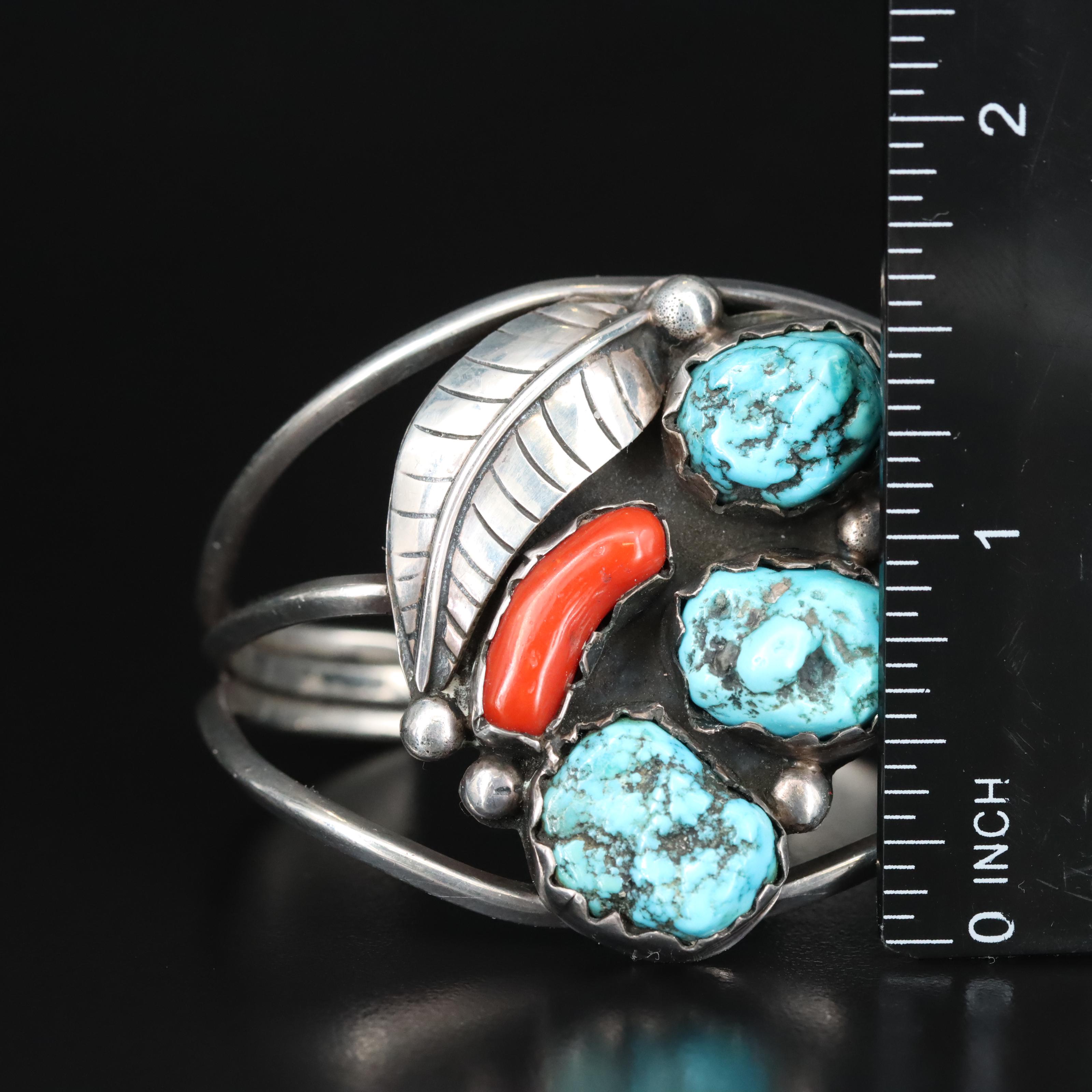 Western Style Sterling Turquoise and Coral Cuff