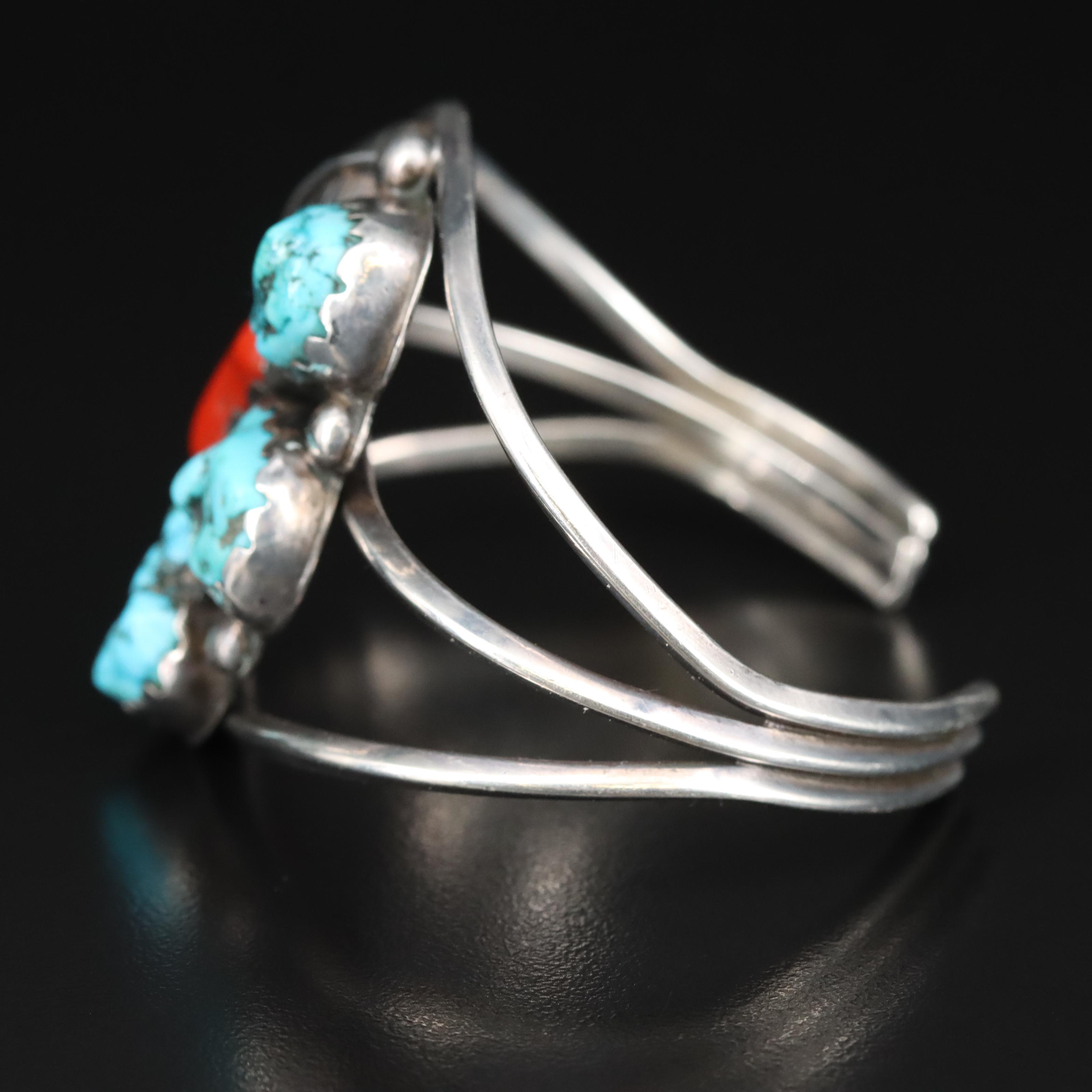 Western Style Sterling Turquoise and Coral Cuff