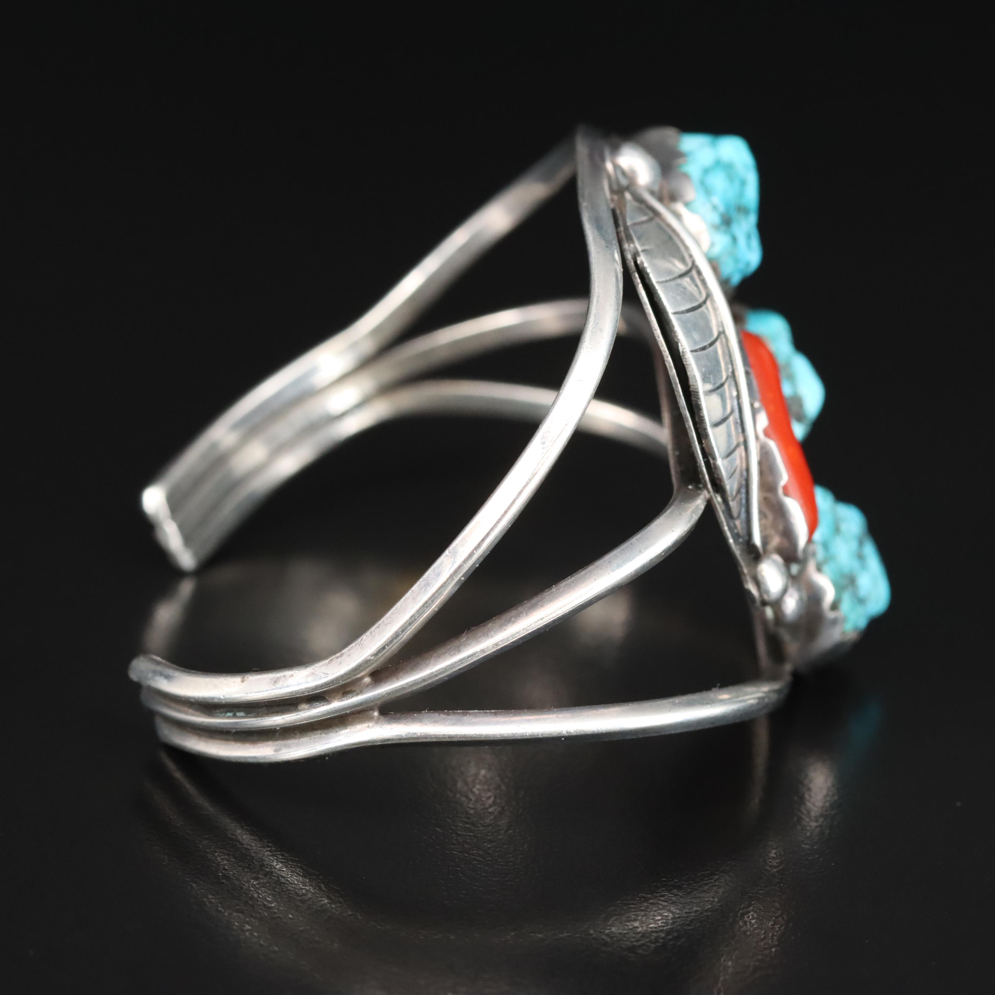 Western Style Sterling Turquoise and Coral Cuff