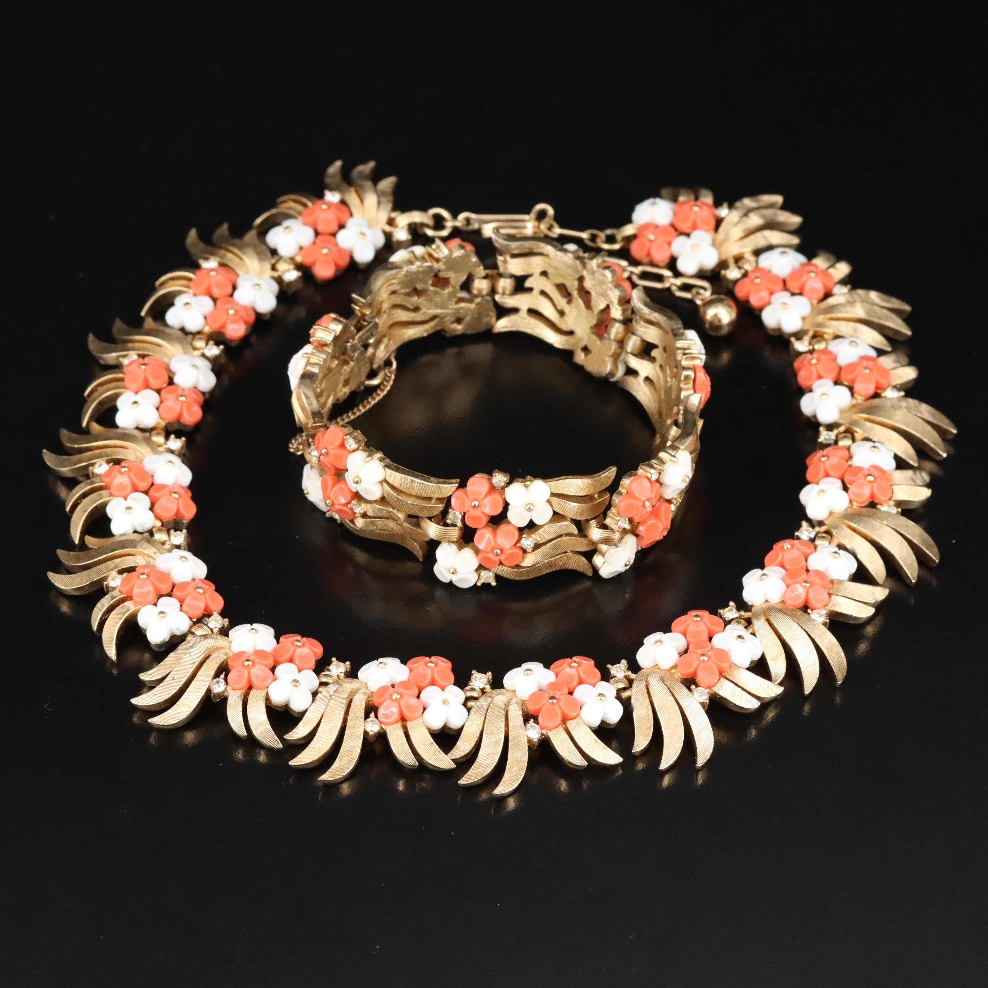 Vintage Crown Trifari Floral Necklace and Bracelet Set