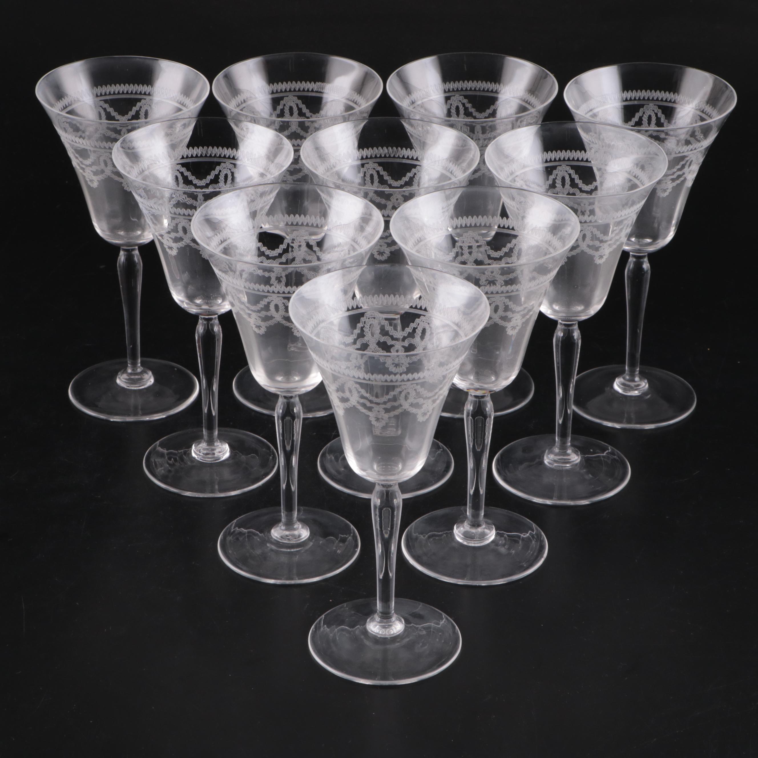 Art Deco Style Needle Etched Wine Glasses, Early to Mid-20th Century