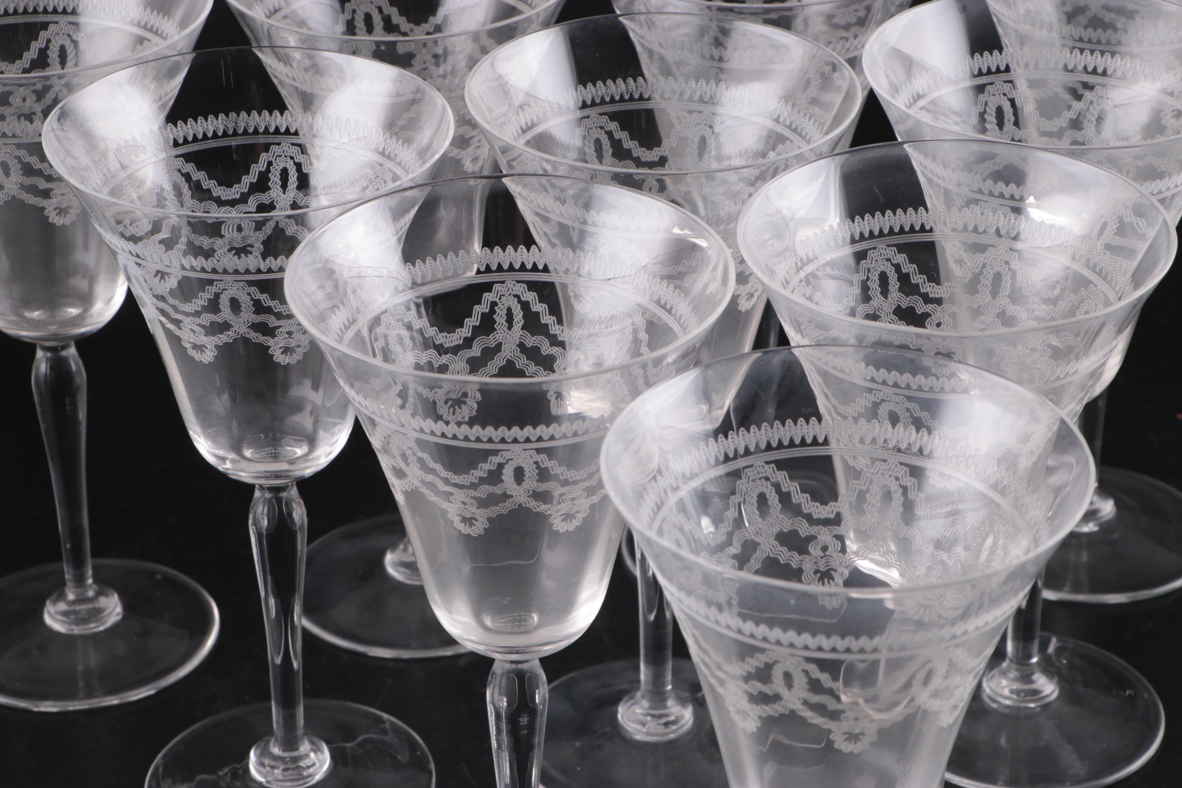 Art Deco Style Needle Etched Wine Glasses, Early to Mid-20th Century