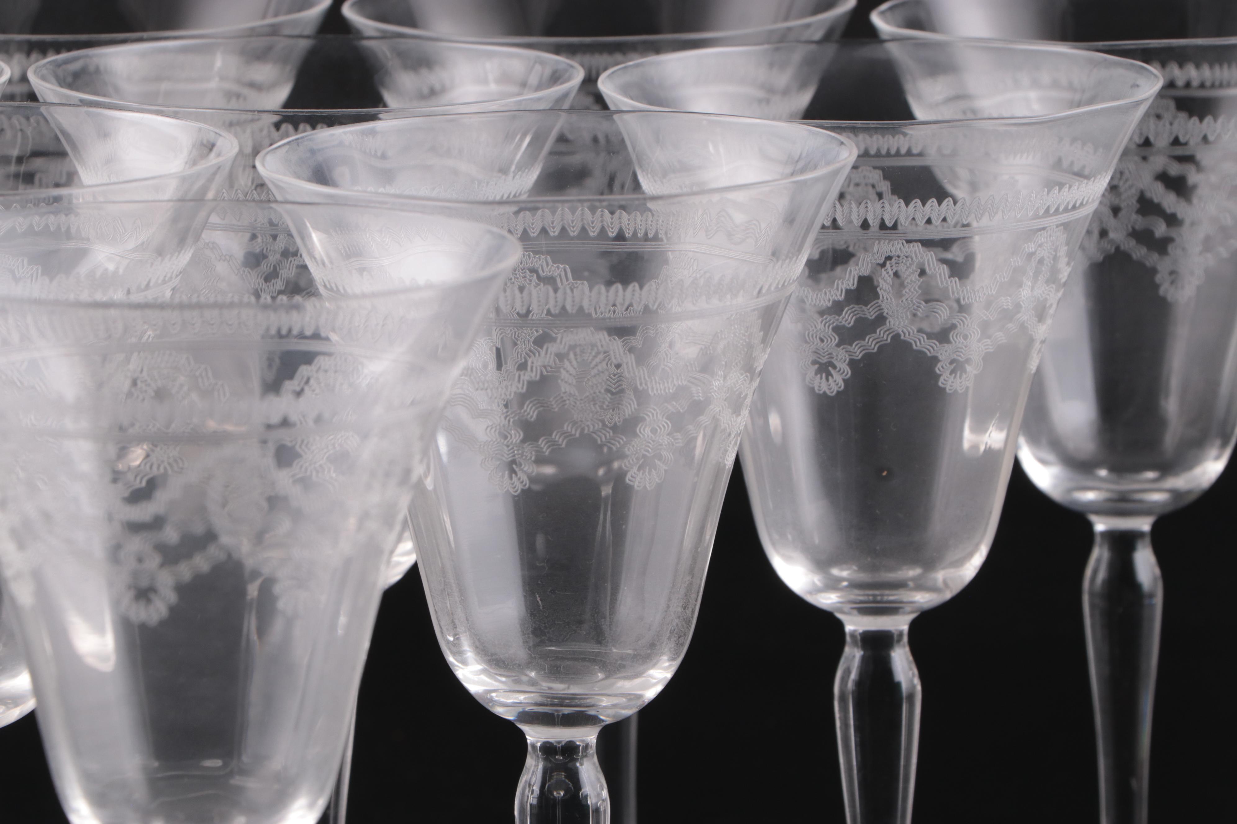 Art Deco Style Needle Etched Wine Glasses, Early to Mid-20th Century
