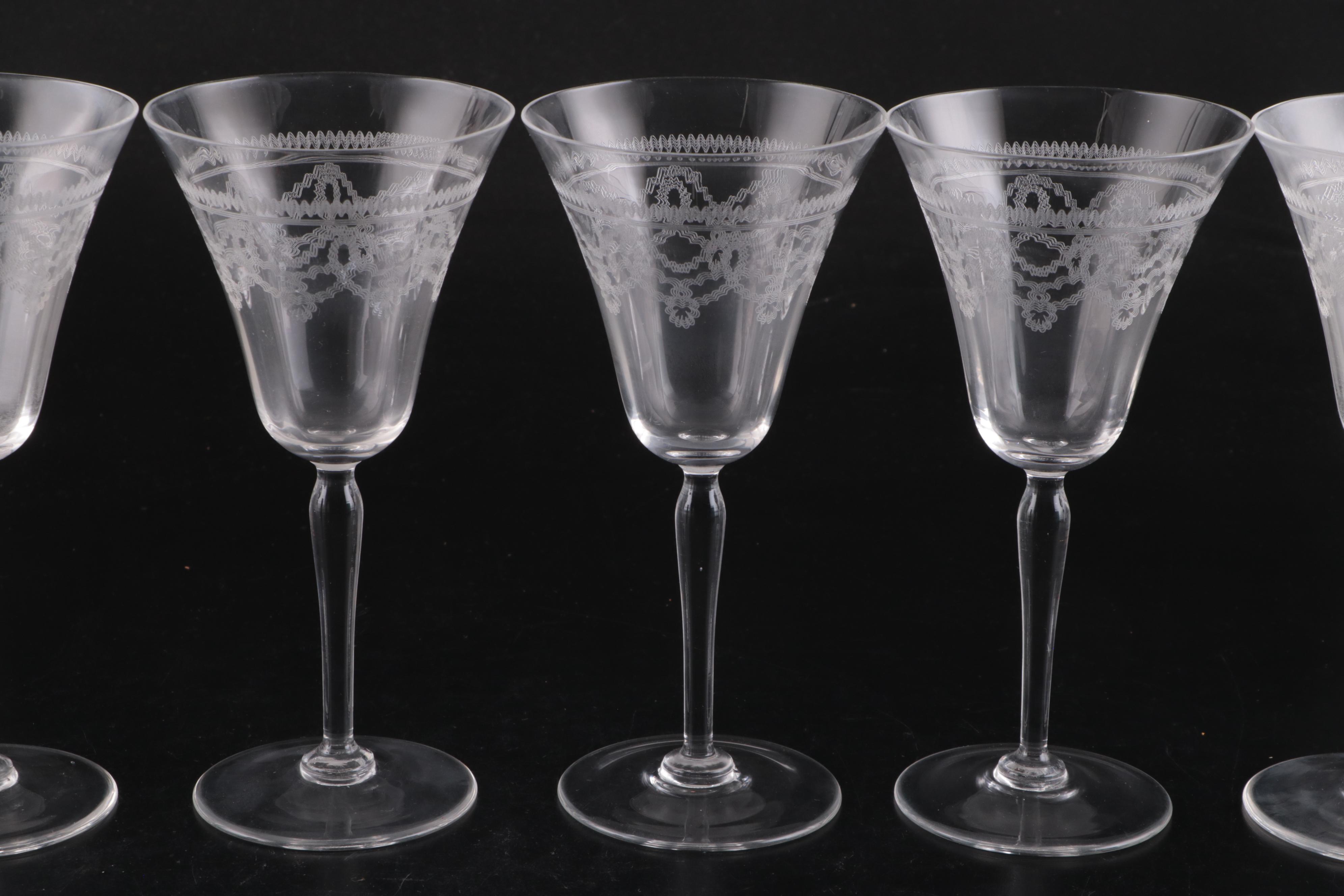 Art Deco Style Needle Etched Wine Glasses, Early to Mid-20th Century