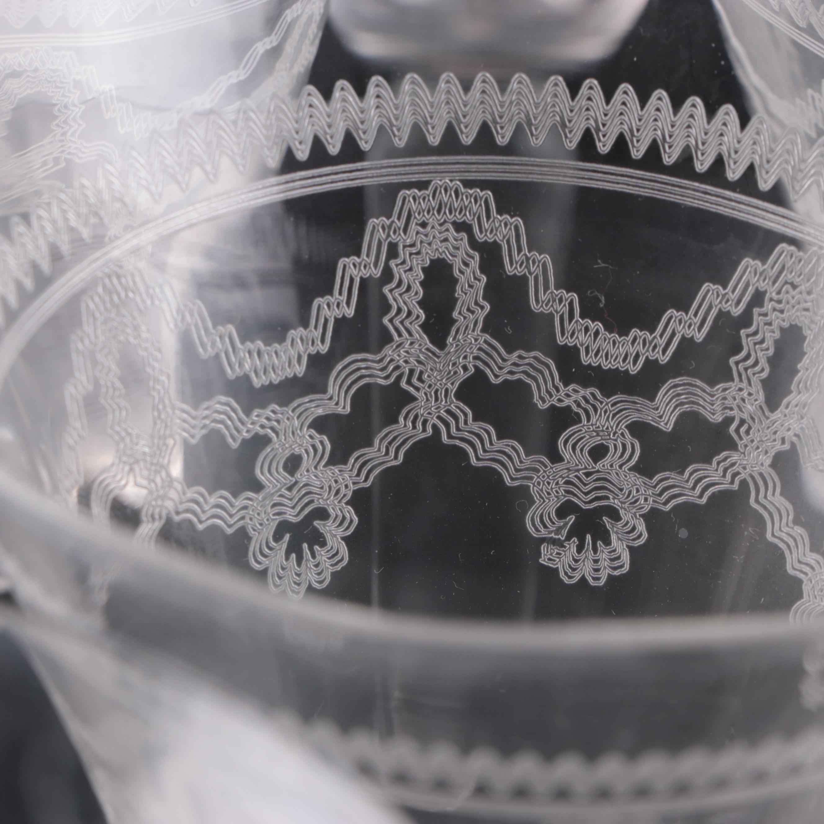 Art Deco Style Needle Etched Wine Glasses, Early to Mid-20th Century