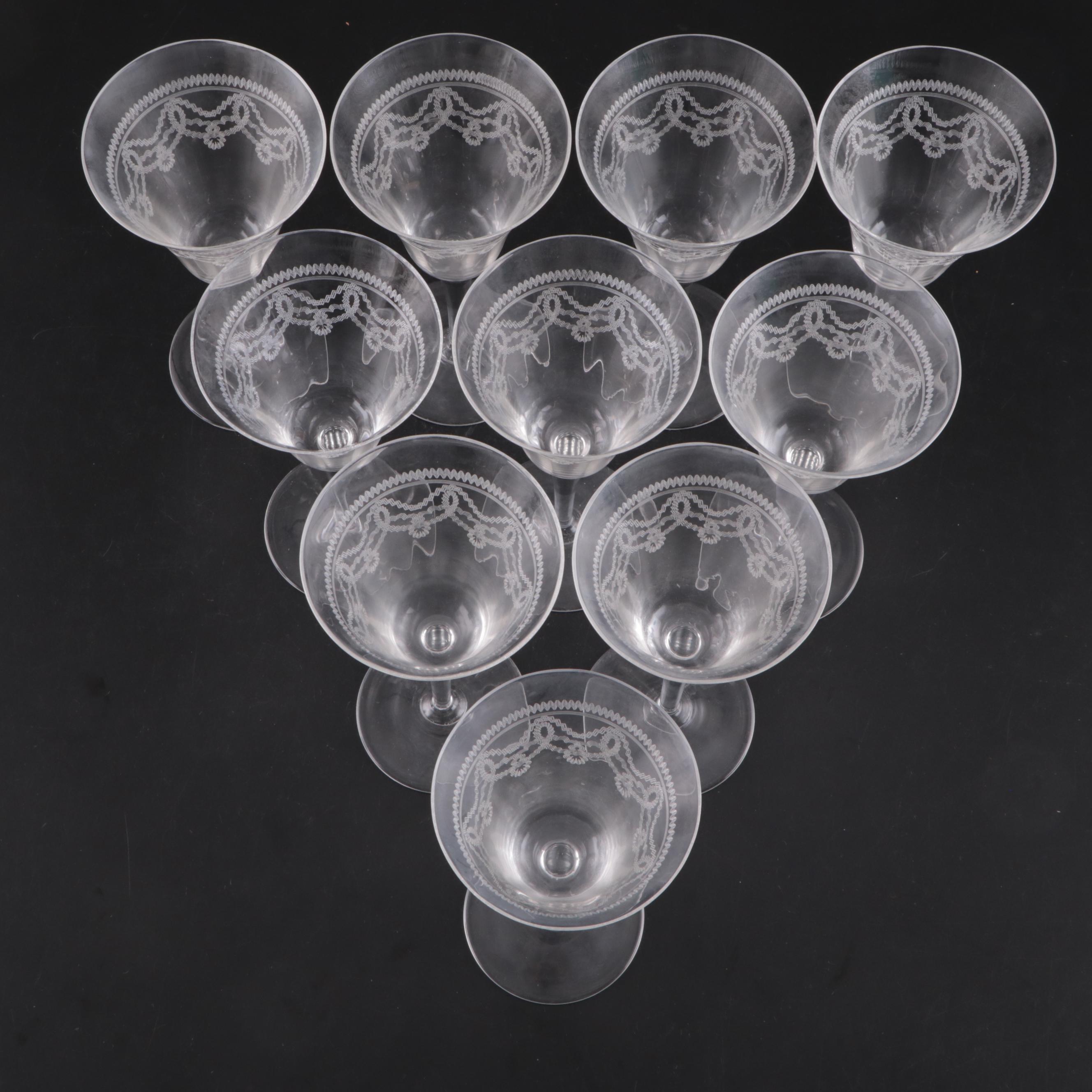 Art Deco Style Needle Etched Wine Glasses, Early to Mid-20th Century