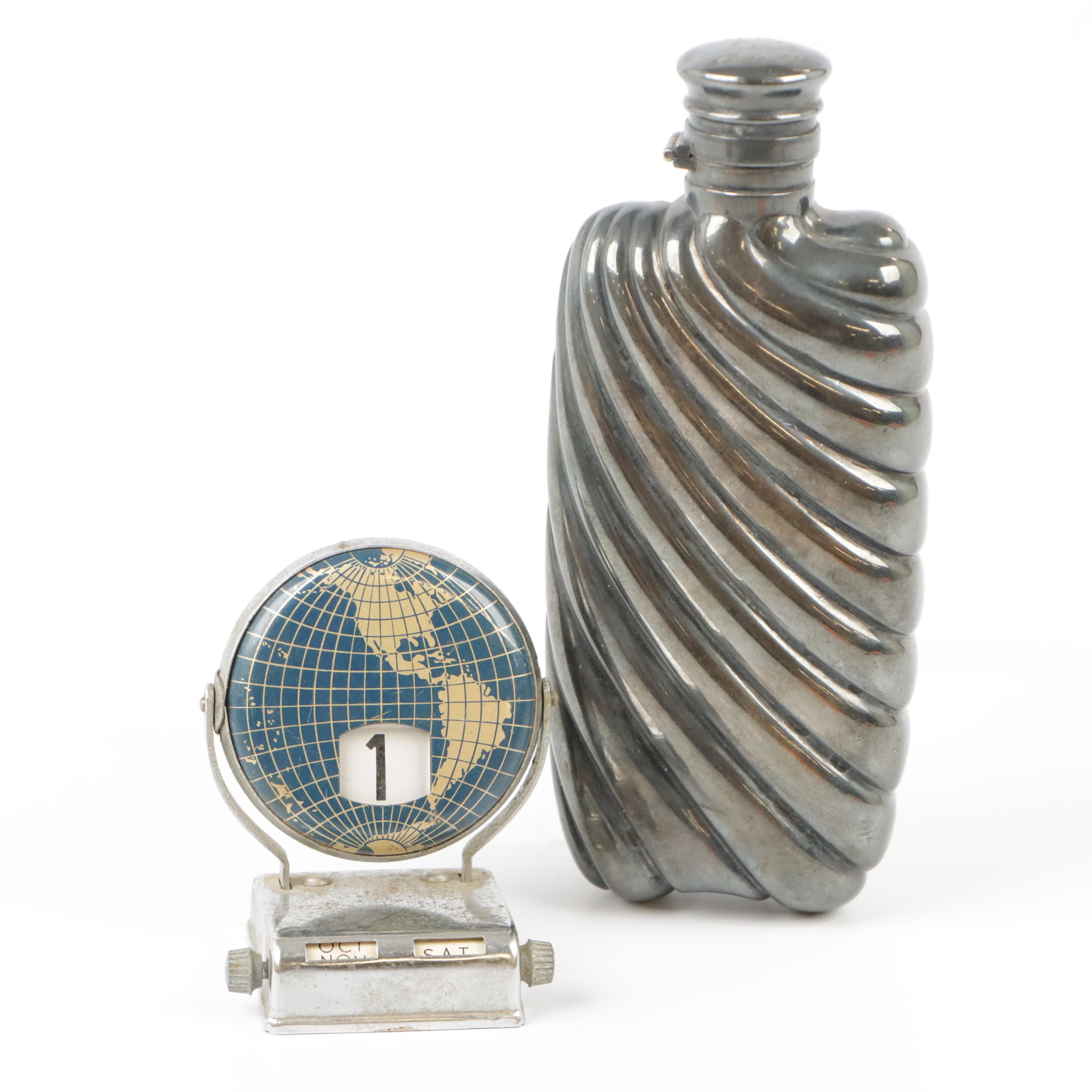 Gorham Silver Plate Flask, 1885 and a Perpetual Flip Globe Desk Calendar, 1970s