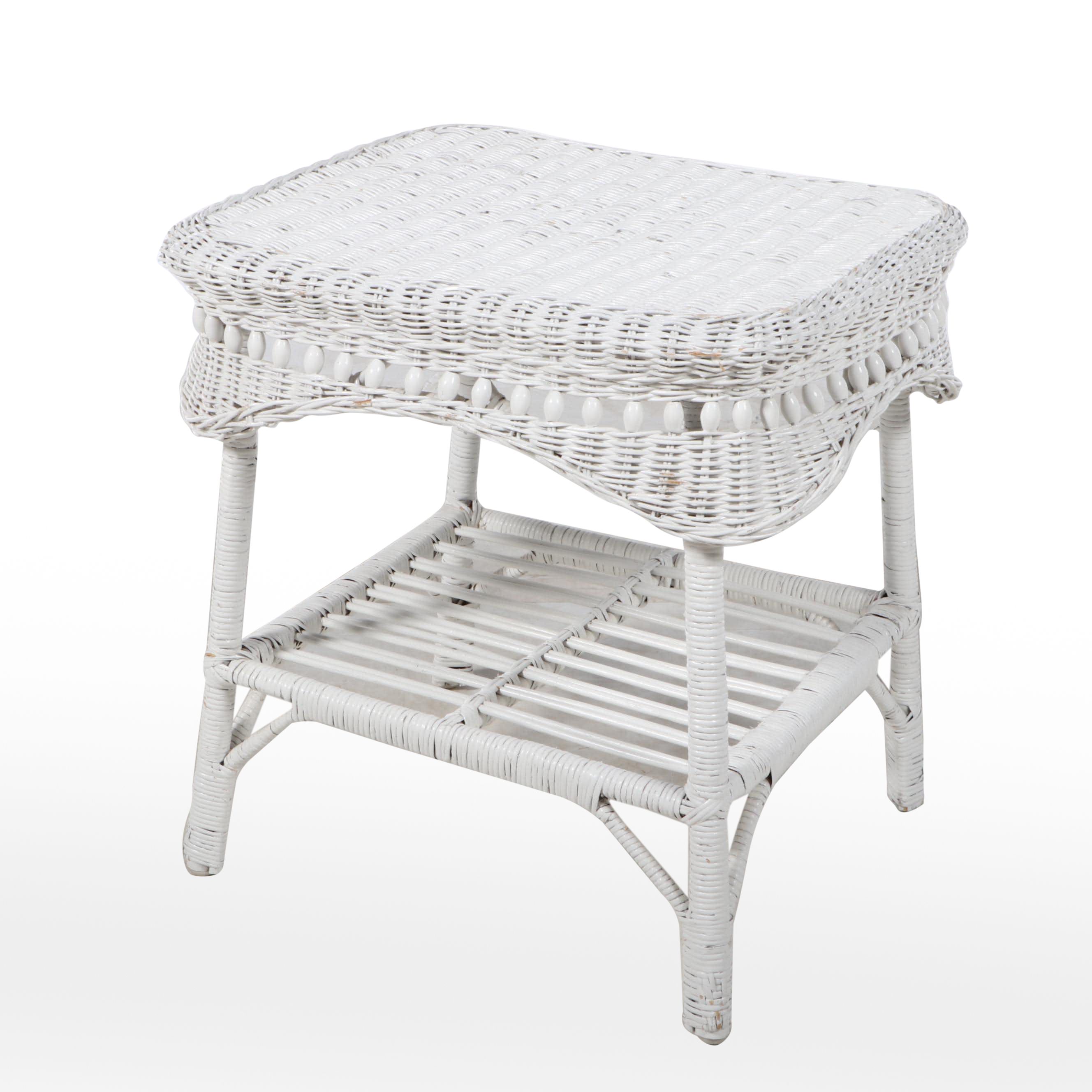 White-Painted Wicker End Table