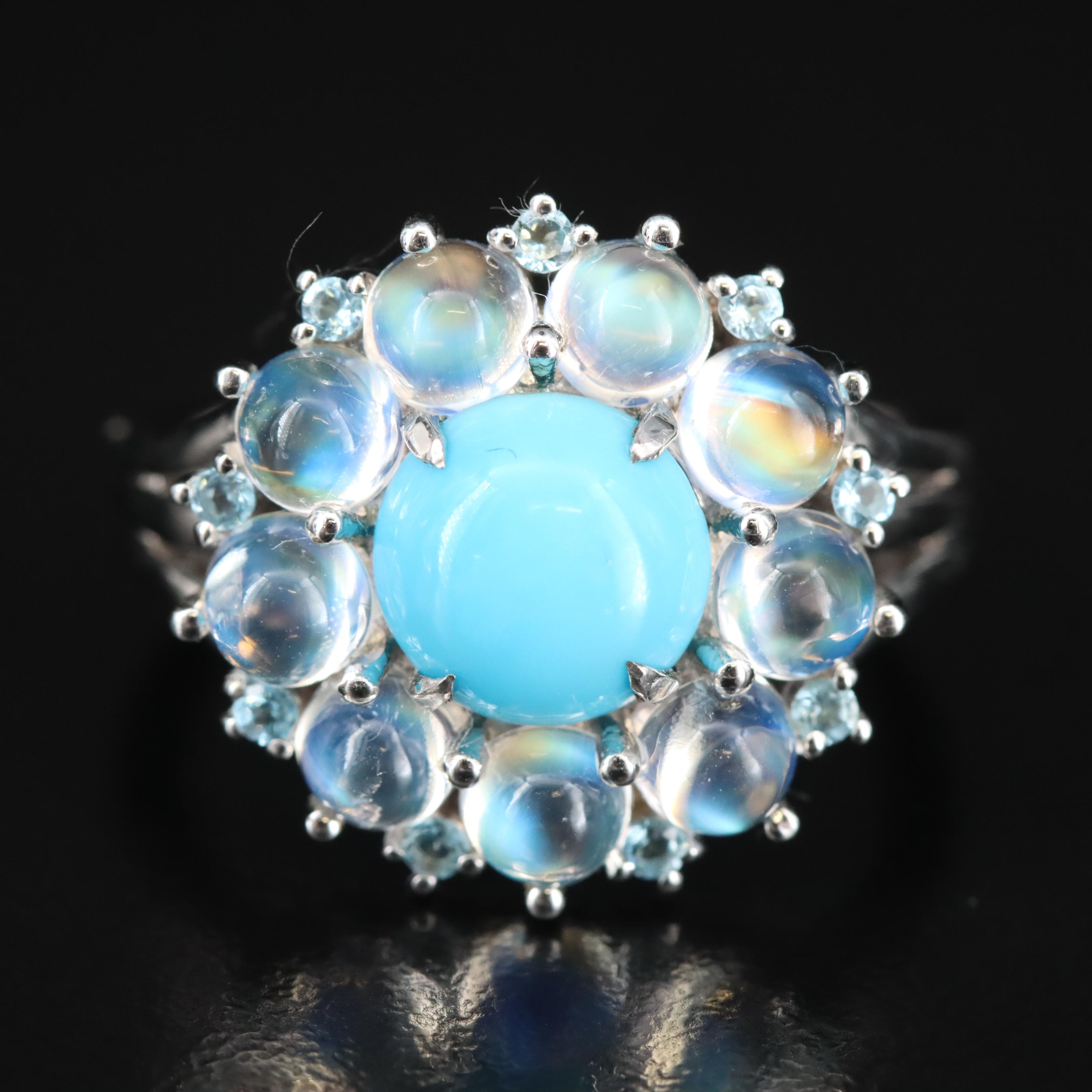 Sterling Turquoise, Moonstone and Topaz Ring