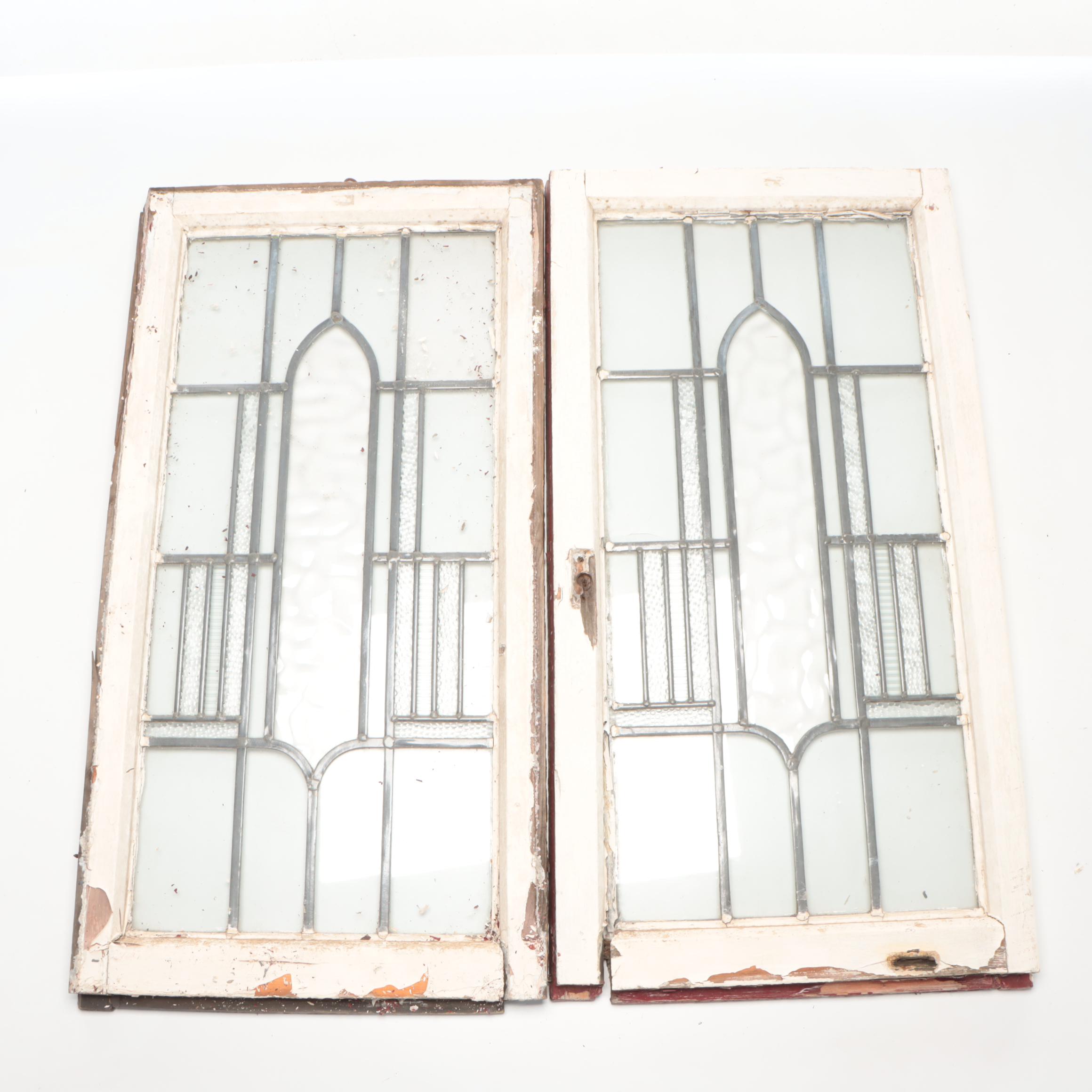 Pair of Partially-Restored Leaded Glass Window Panels, Early 20th Century