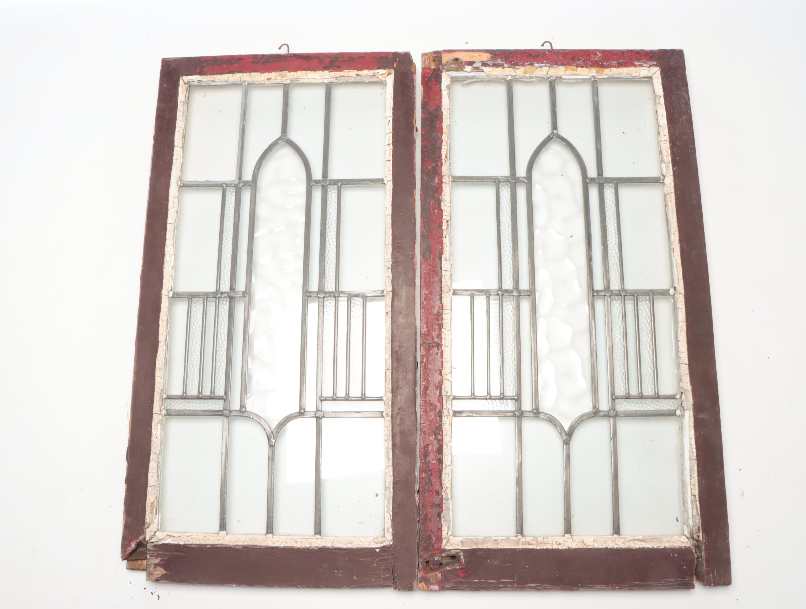 Pair of Partially-Restored Leaded Glass Window Panels, Early 20th Century