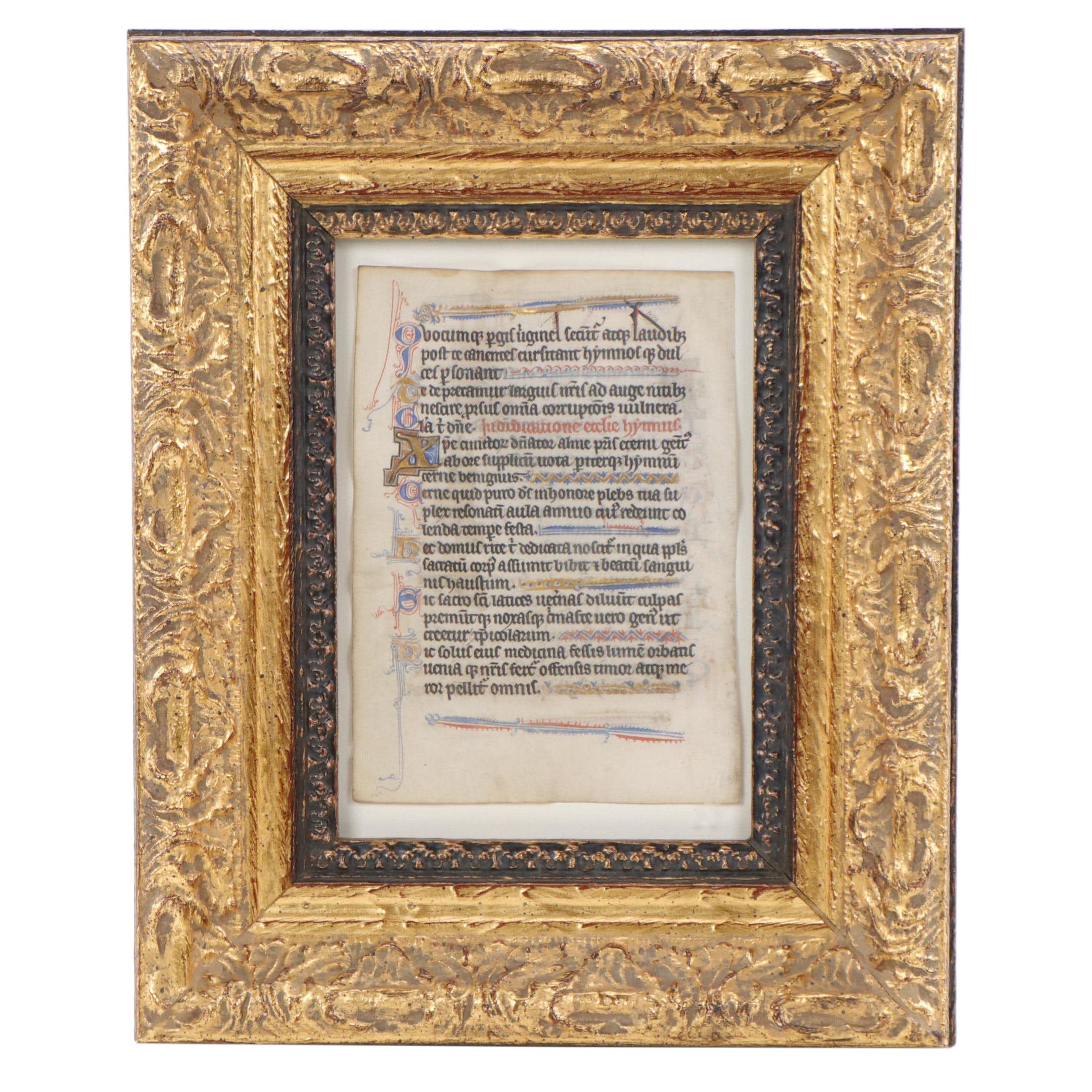 Ink and Gouache Illuminated Manuscript Folio From "Book of Hours," Circa 1450