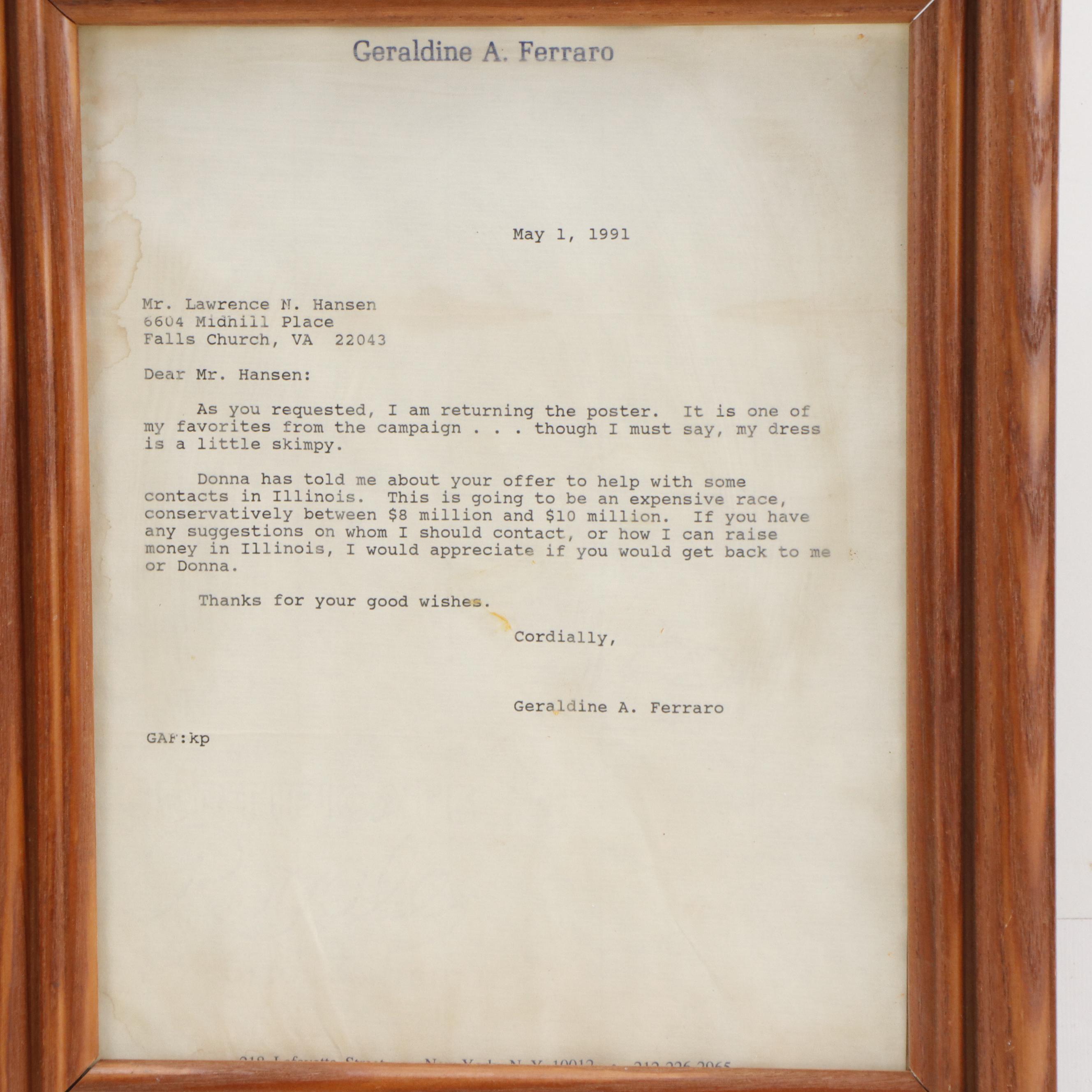 Geraldine A. Ferraro Signed Walter Mondale Presidential Campaign Poster