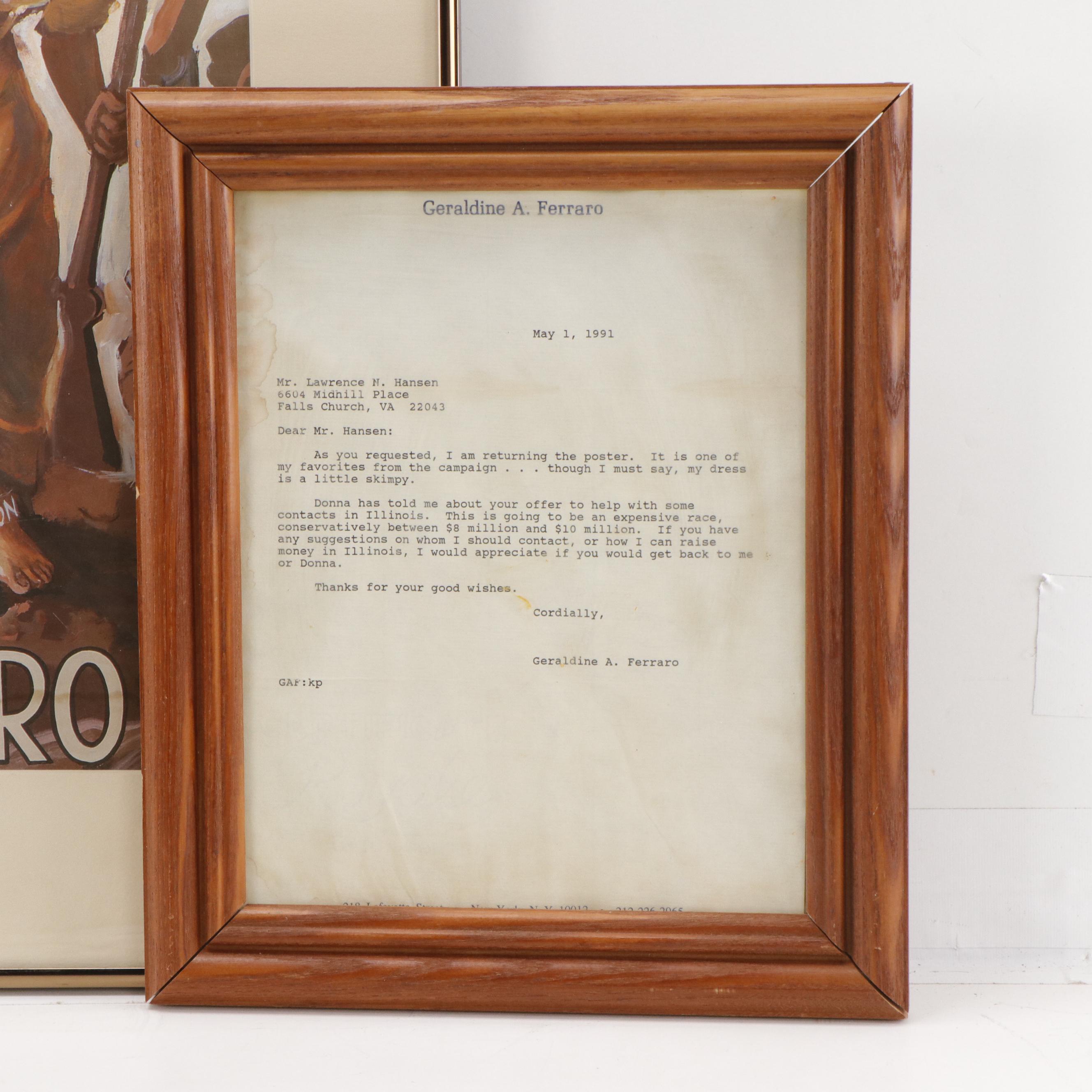 Geraldine A. Ferraro Signed Walter Mondale Presidential Campaign Poster