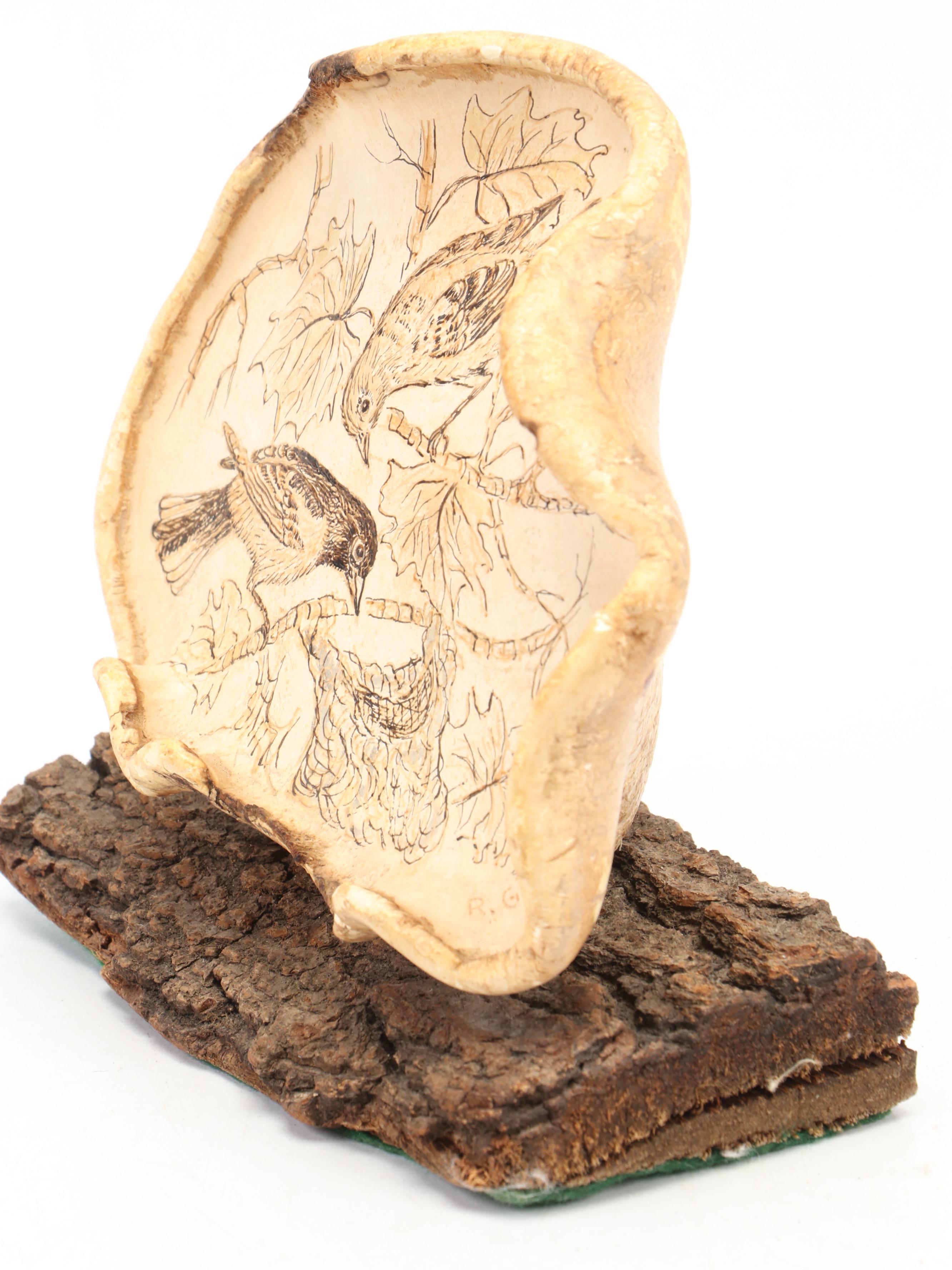 Pyrography Carved Tree Conk with Wooden and Ceramic Seeds and Nuts