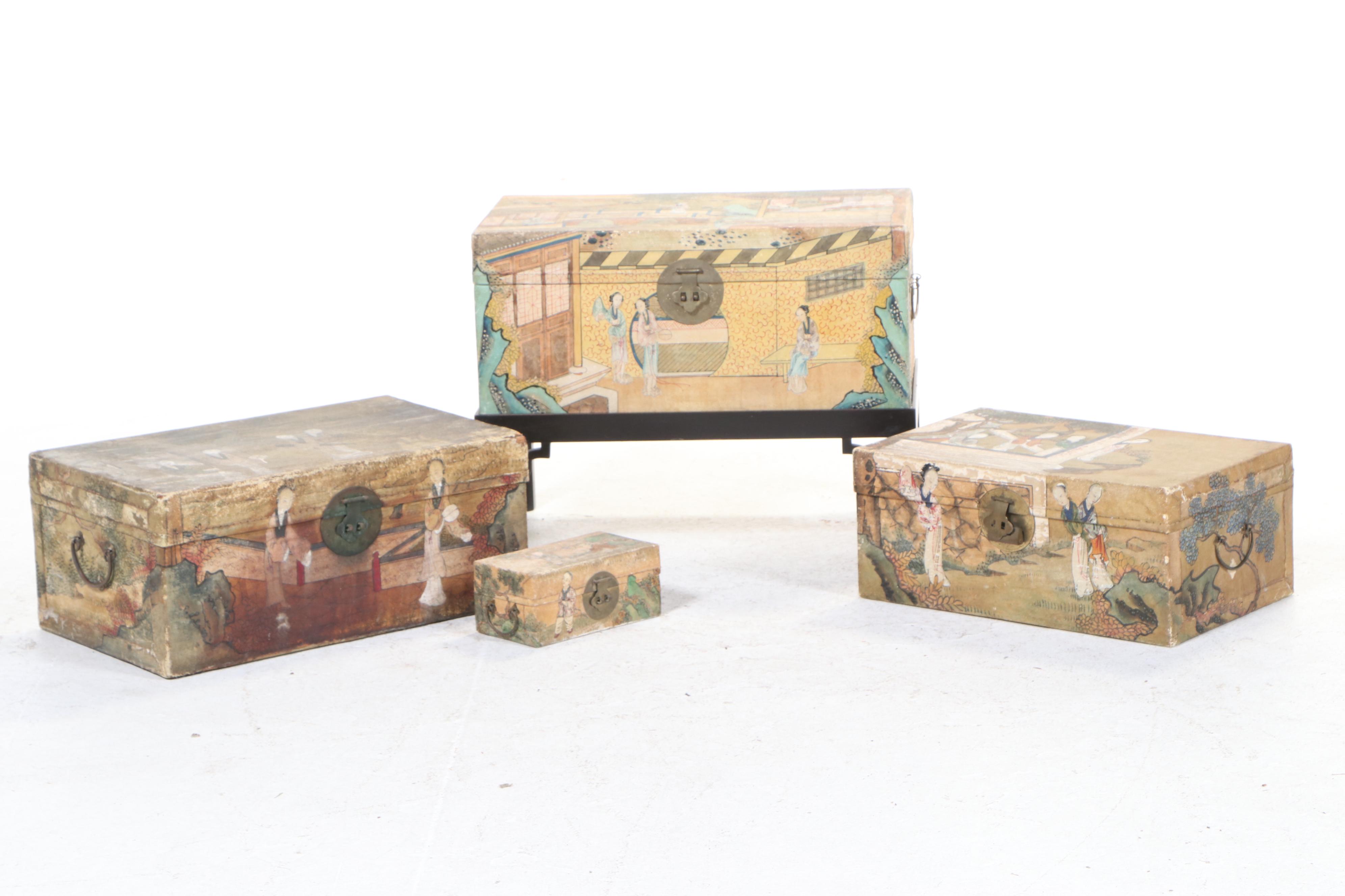 Chinese Hand Painted Fabric-Wrapped Nesting Boxes on a Stand