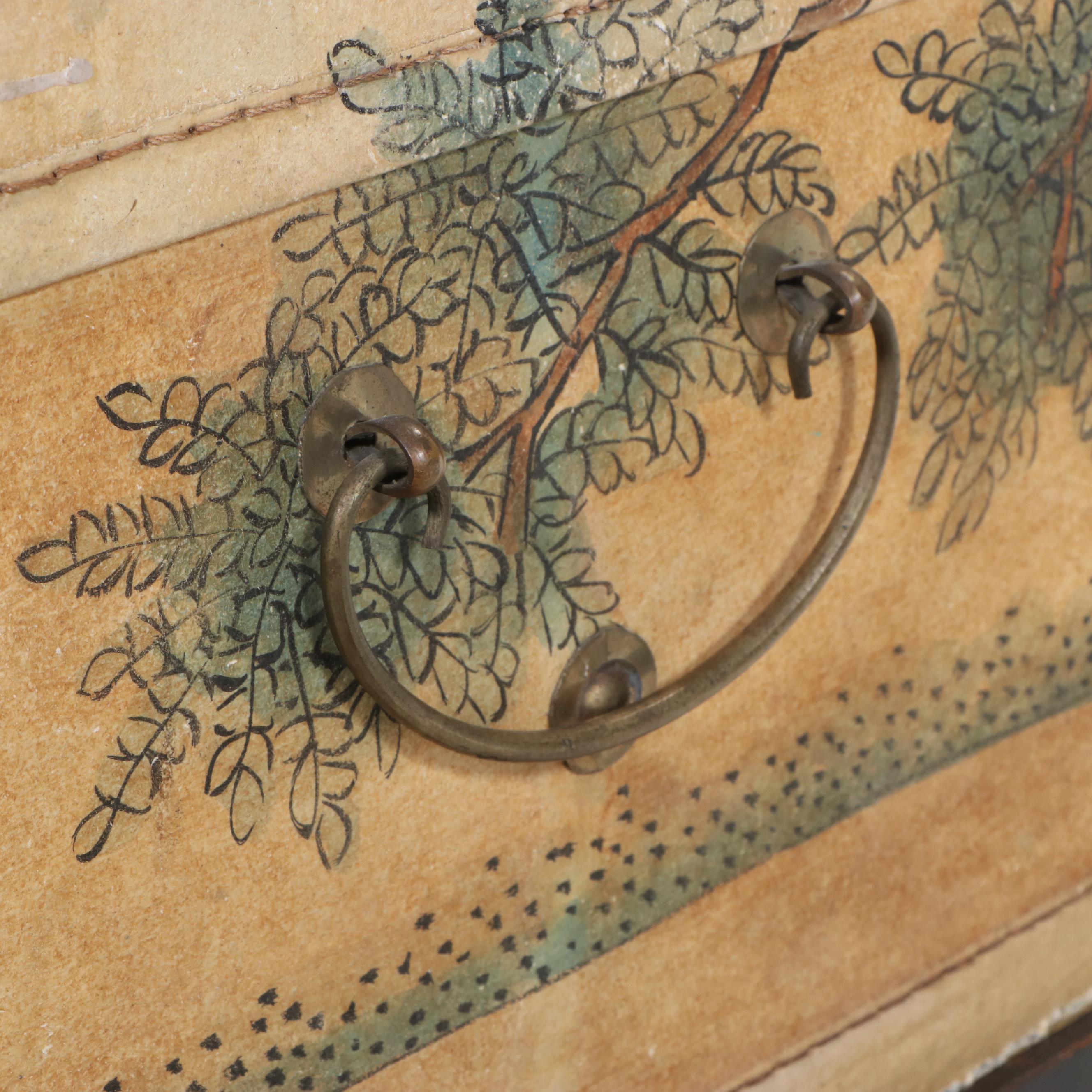 Chinese Hand Painted Fabric-Wrapped Nesting Boxes on a Stand