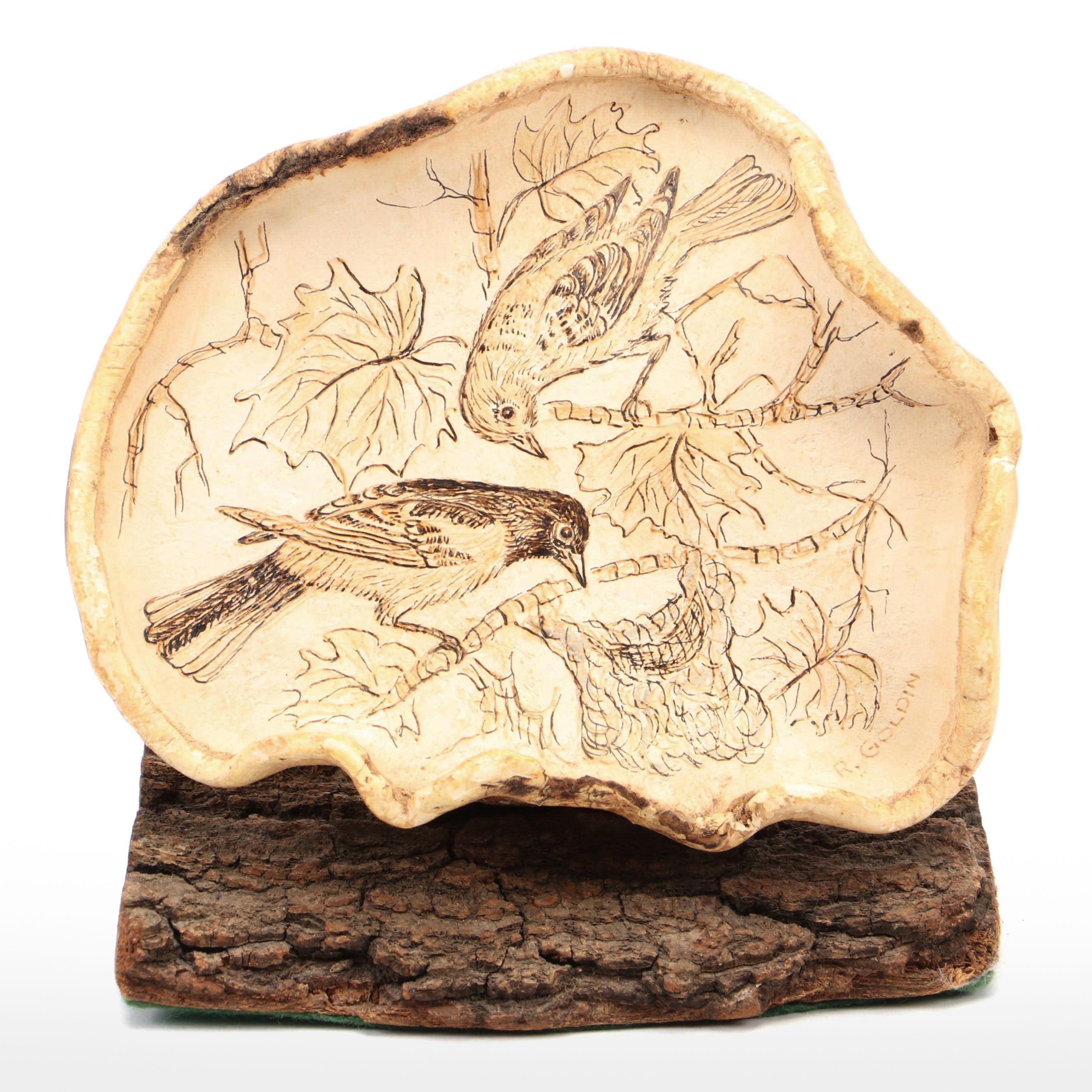 Pyrography Carved Tree Conk with Wooden and Ceramic Seeds and Nuts