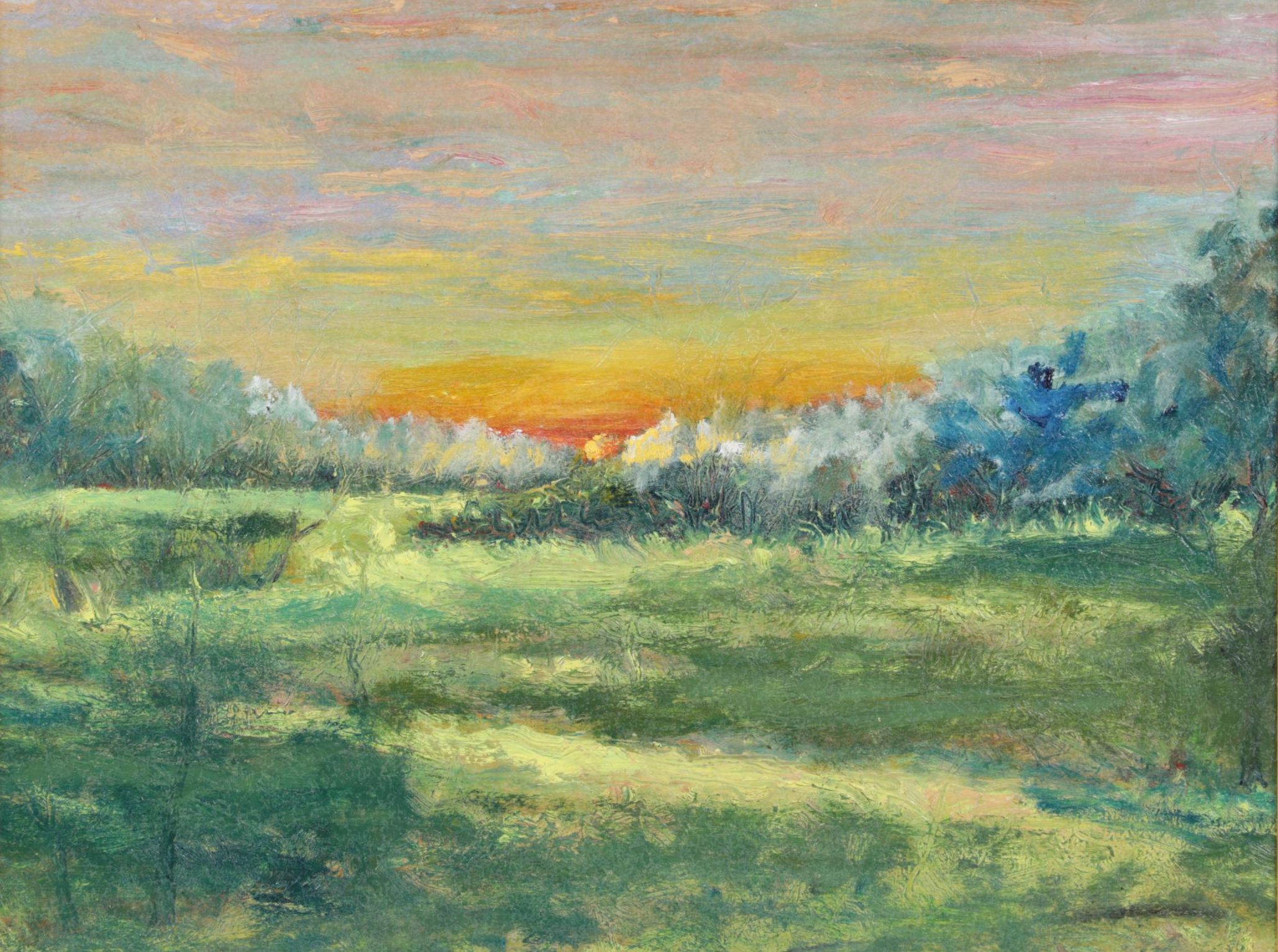 Oil Painting Of Bucolic Landscape At Sunset
