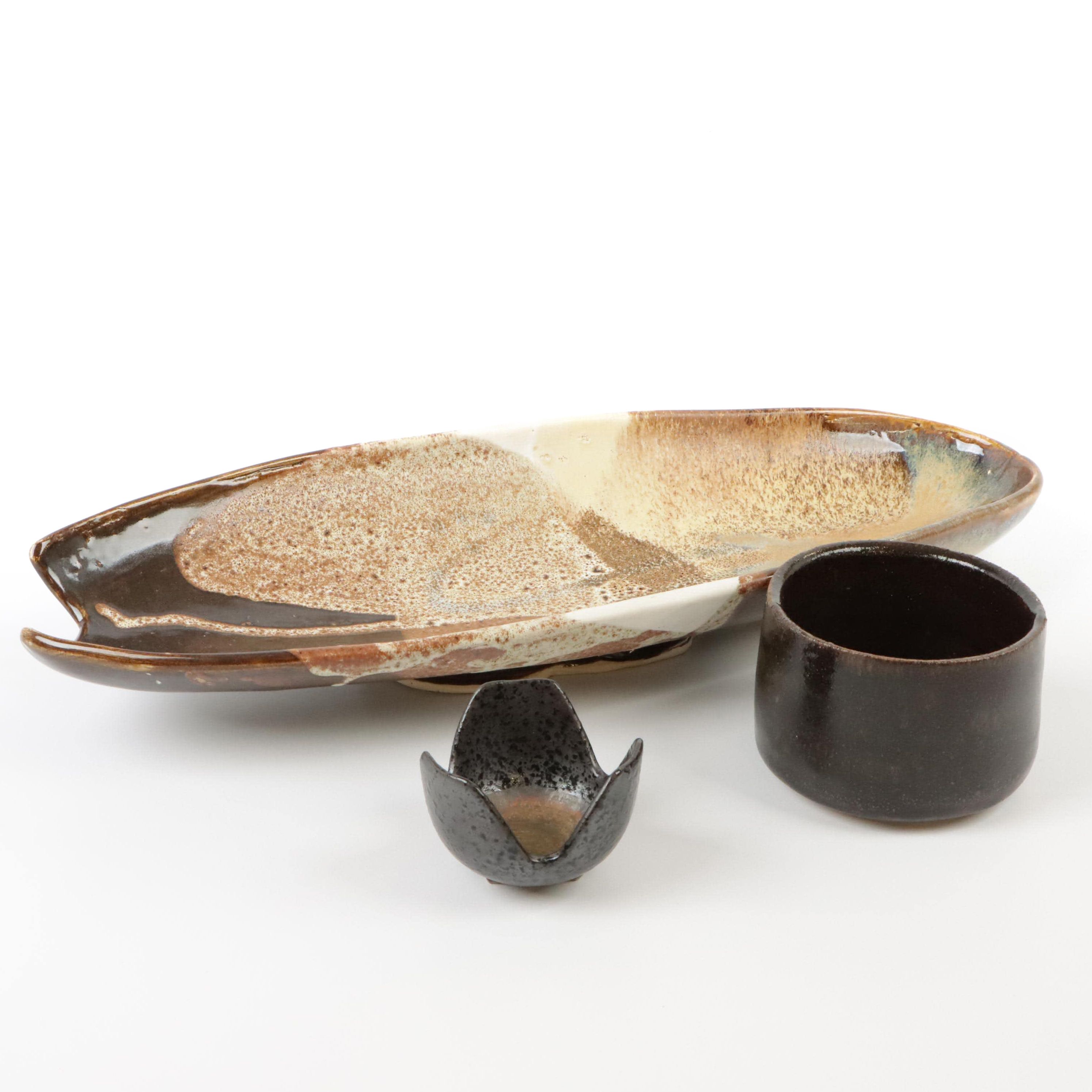 Drip Glaze Art Pottery Serving Tray With Bowl and Votive