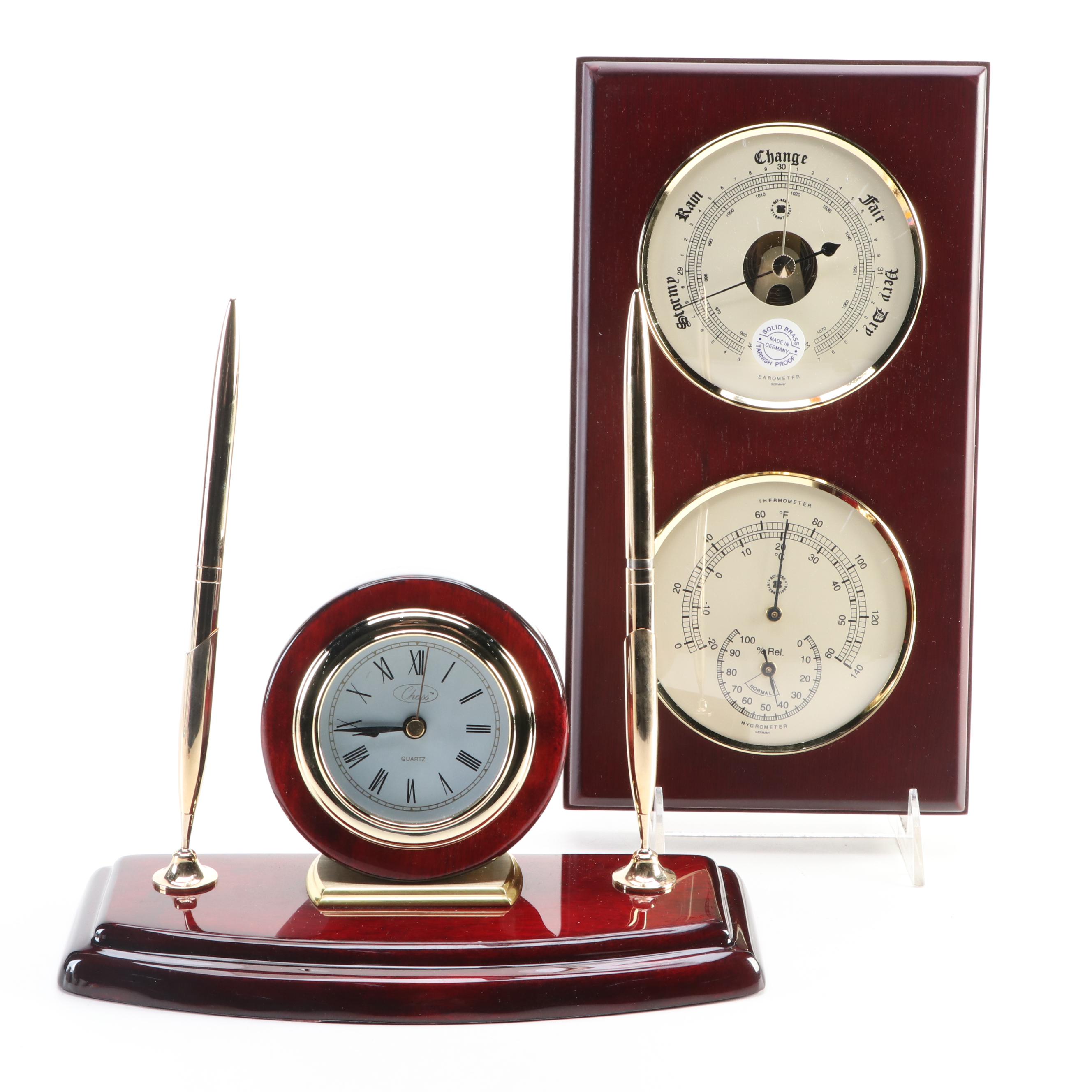 Chass Quartz Desk Clock with Bey-Berk Wall Hanging Thermometer & Barometer Set