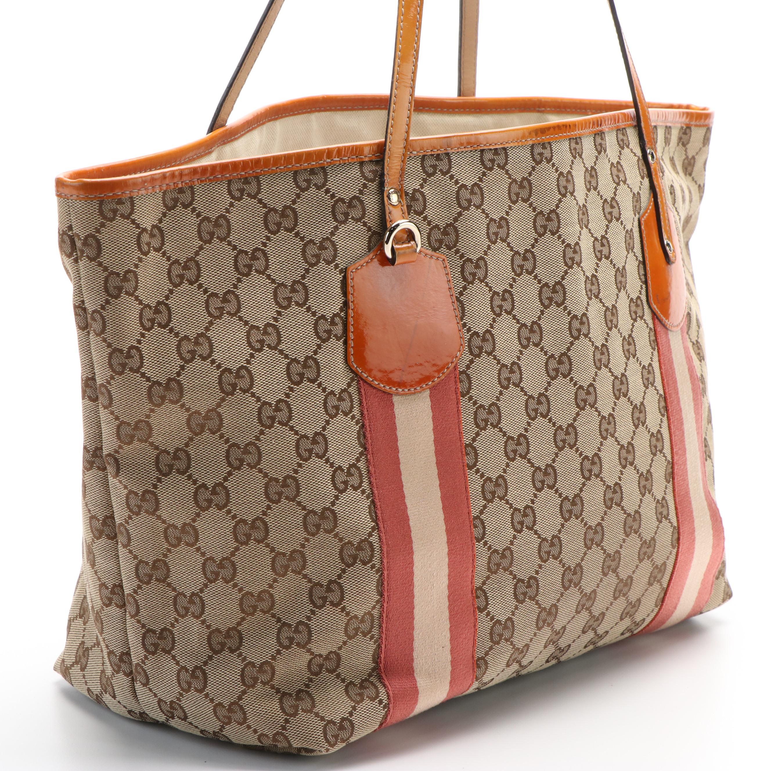 Gucci Jolie Pink Web Tote in Brown GG Canvas and Patent Leather Trim
