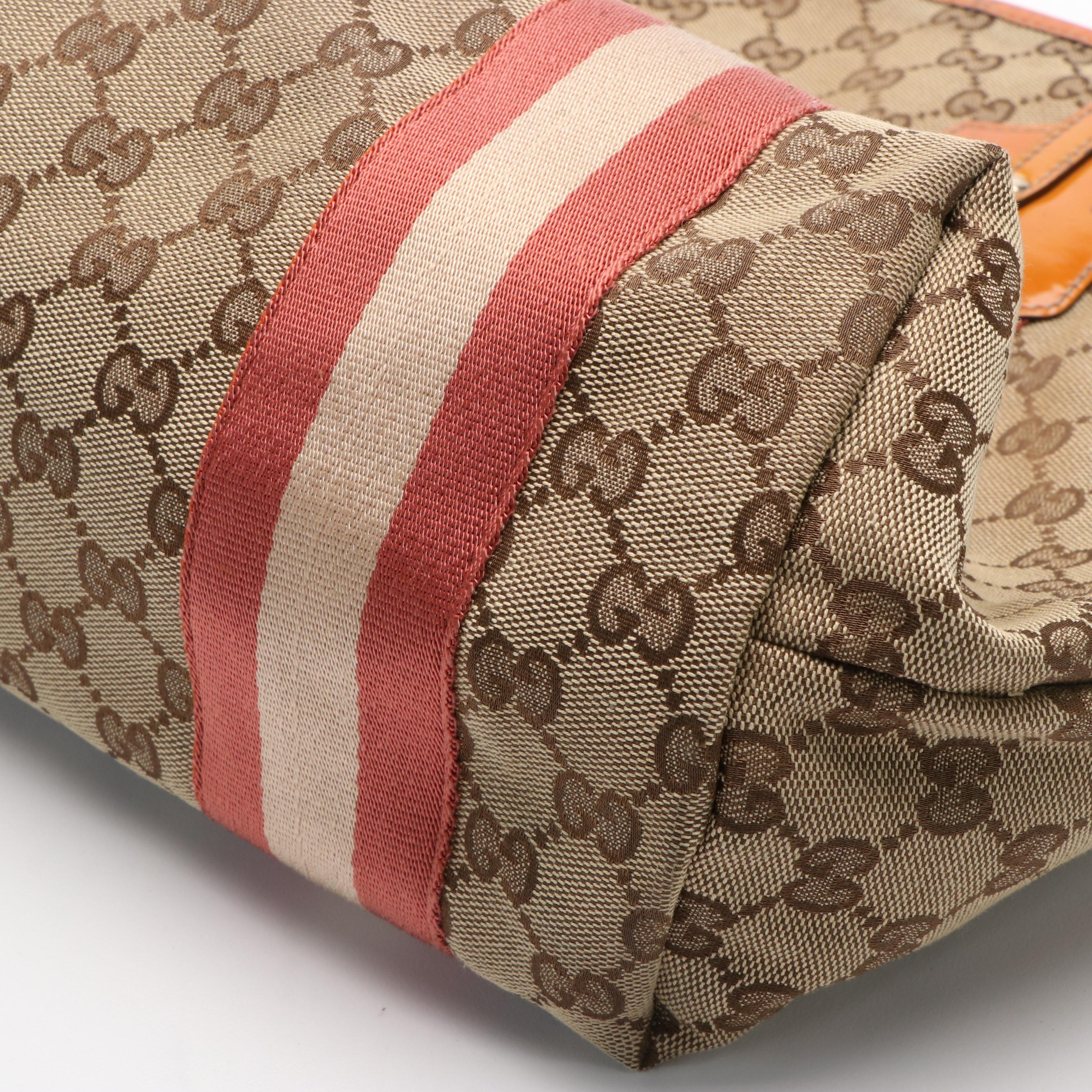 Gucci Jolie Pink Web Tote in Brown GG Canvas and Patent Leather Trim