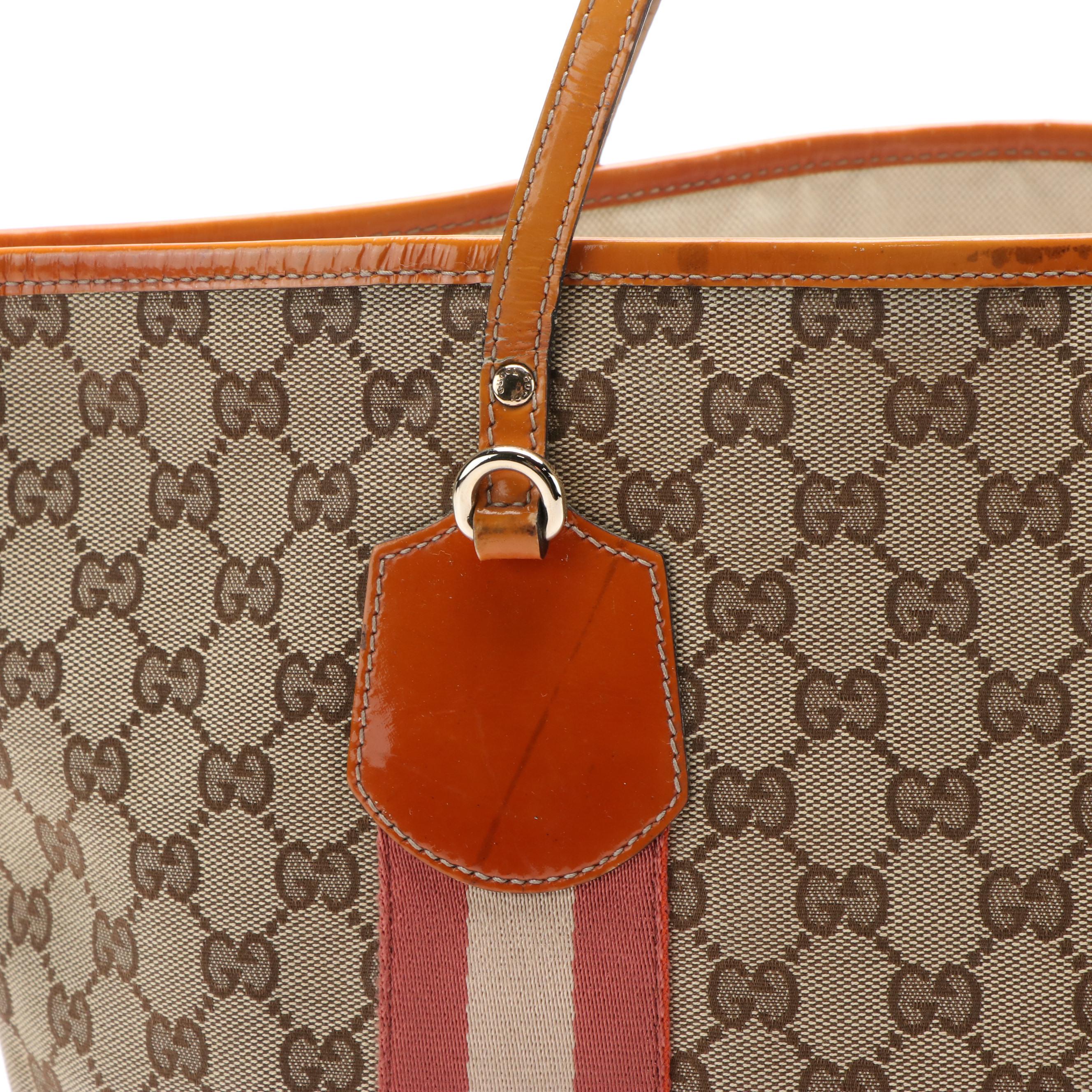 Gucci Jolie Pink Web Tote in Brown GG Canvas and Patent Leather Trim