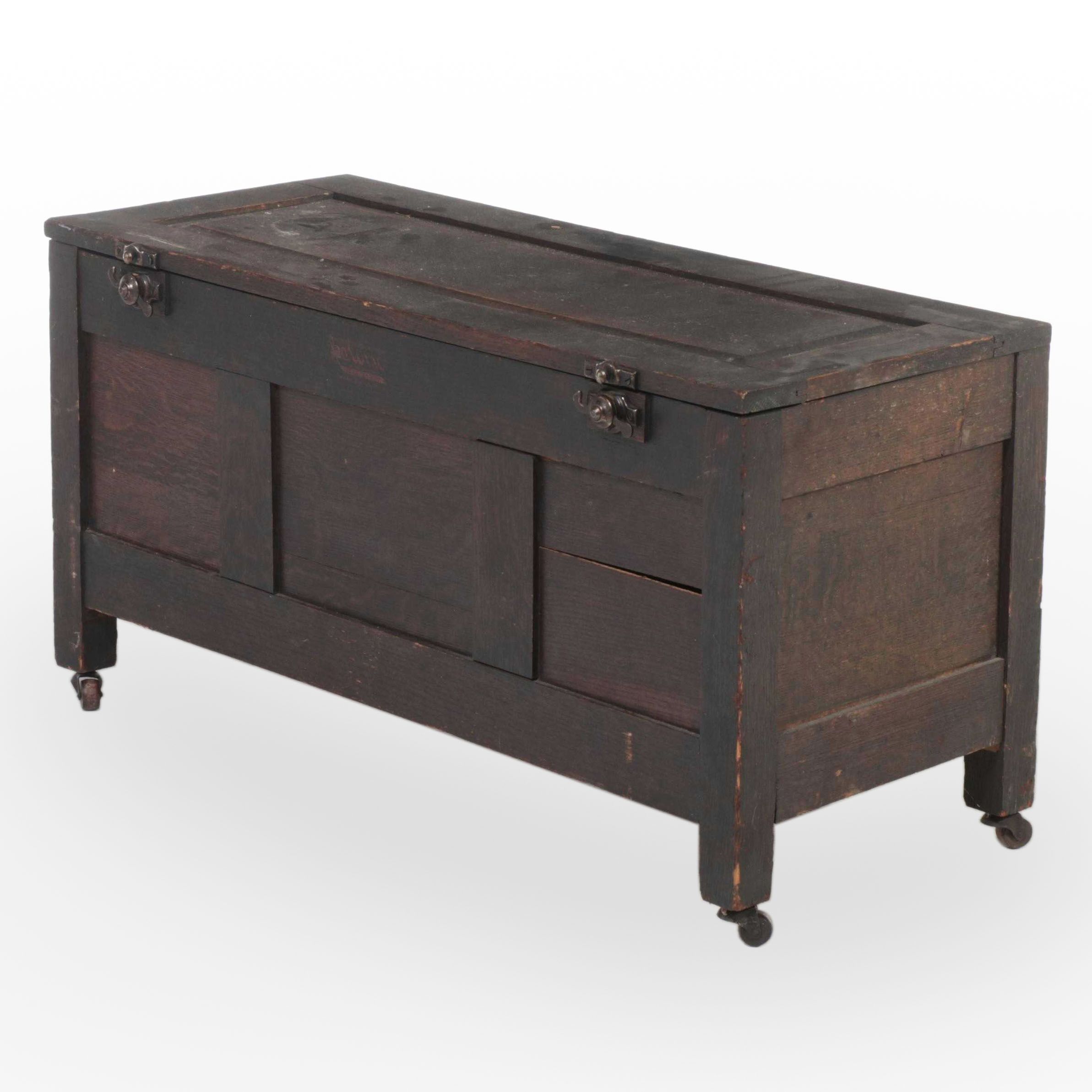 Walnut Stained Paneled Wooden Chest on Casters, Late 19th/ Early 20th C.