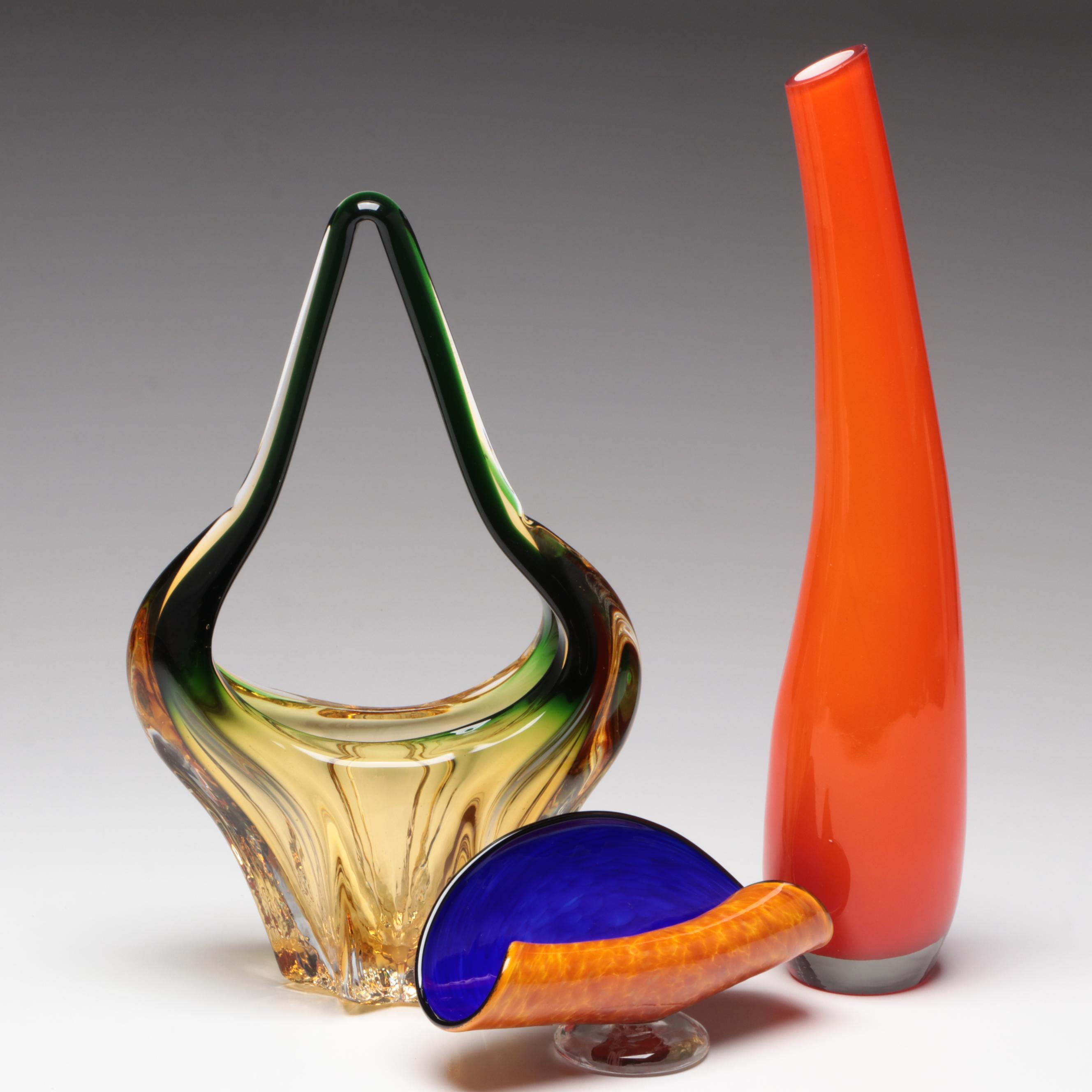 Blown Glass Vase with Other Art Glass Bowls