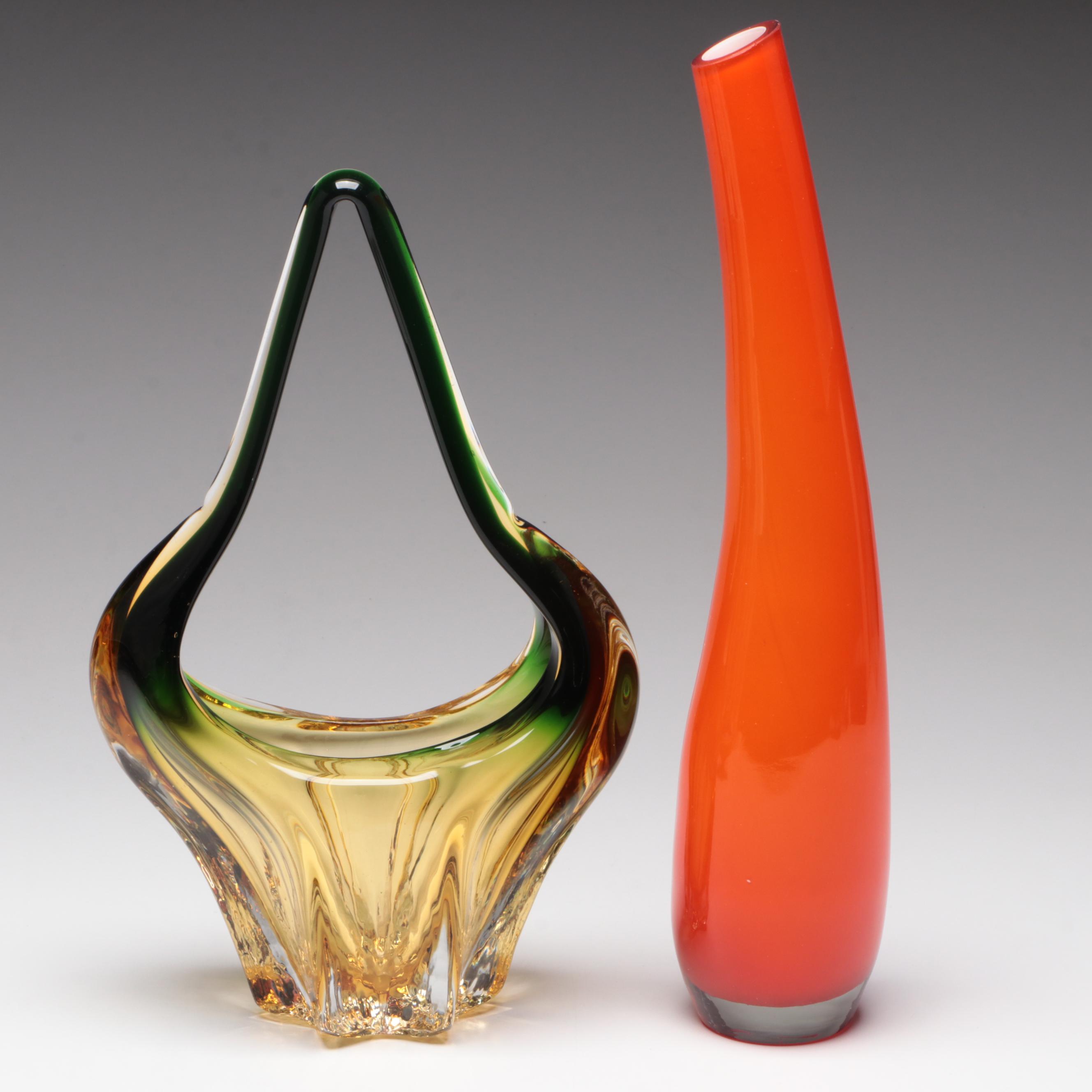Blown Glass Vase with Other Art Glass Bowls