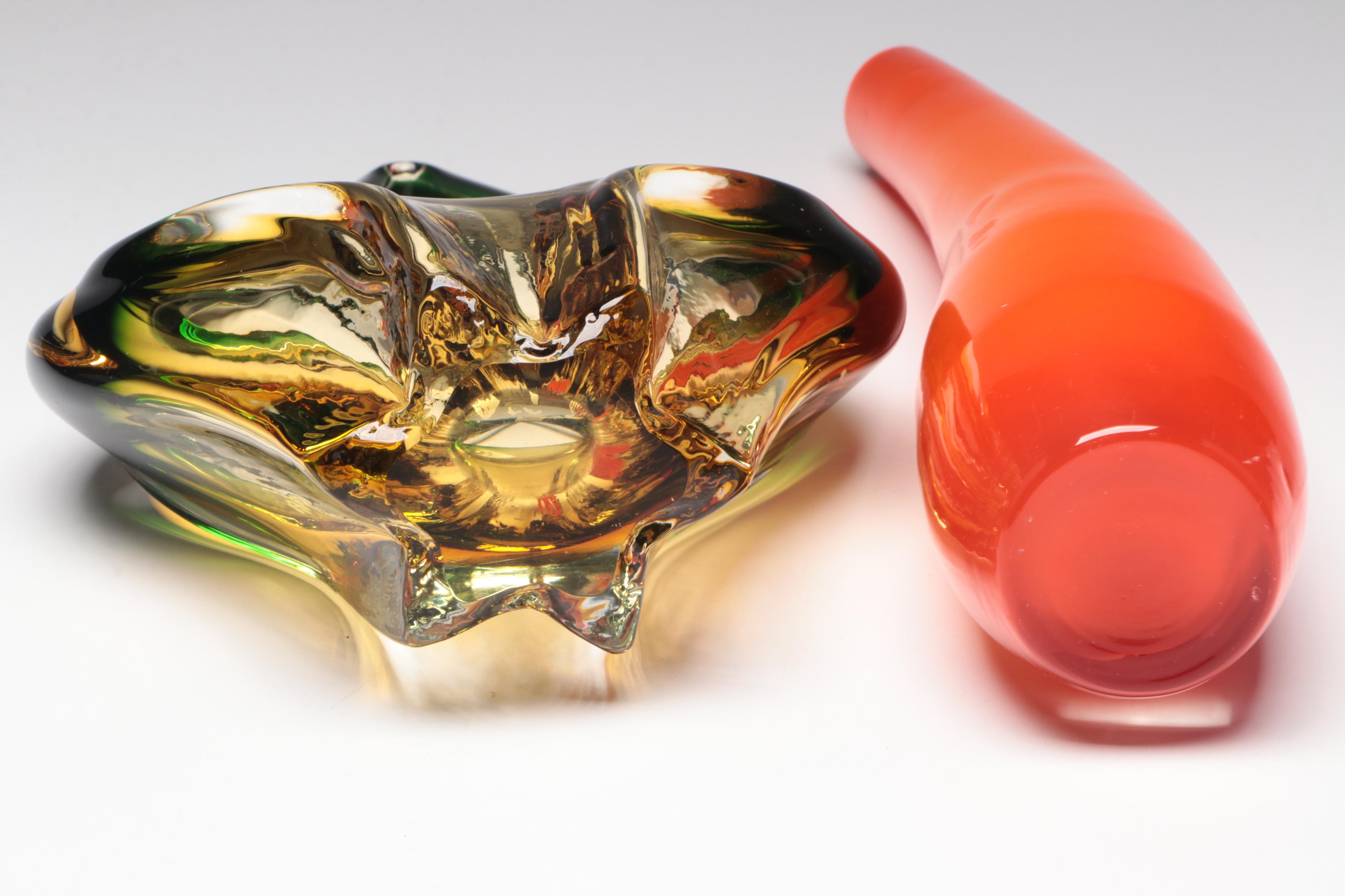 Blown Glass Vase with Other Art Glass Bowls