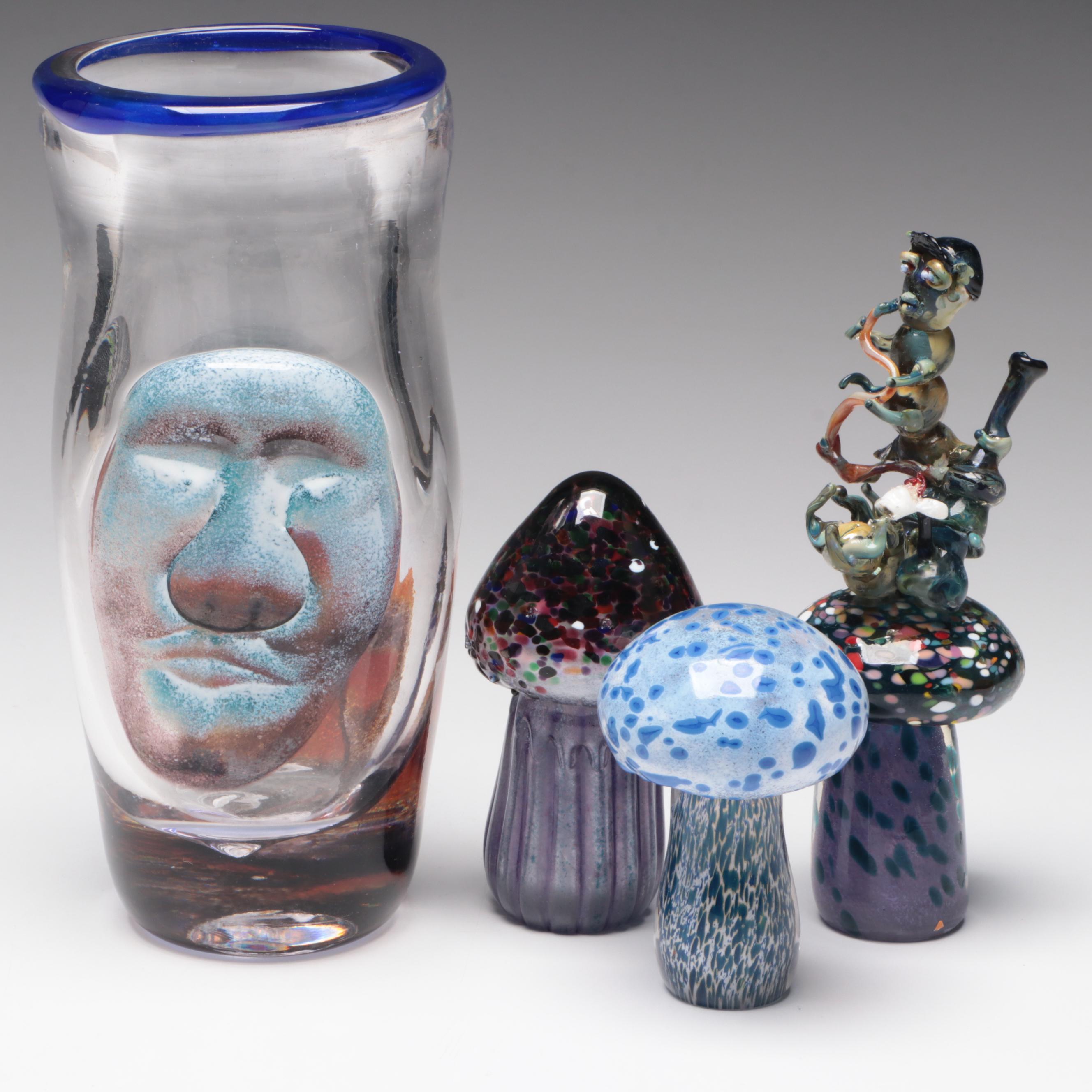 Andy Hudson Handblown Studio Art Glass Face Vase and Mushroom Figurines