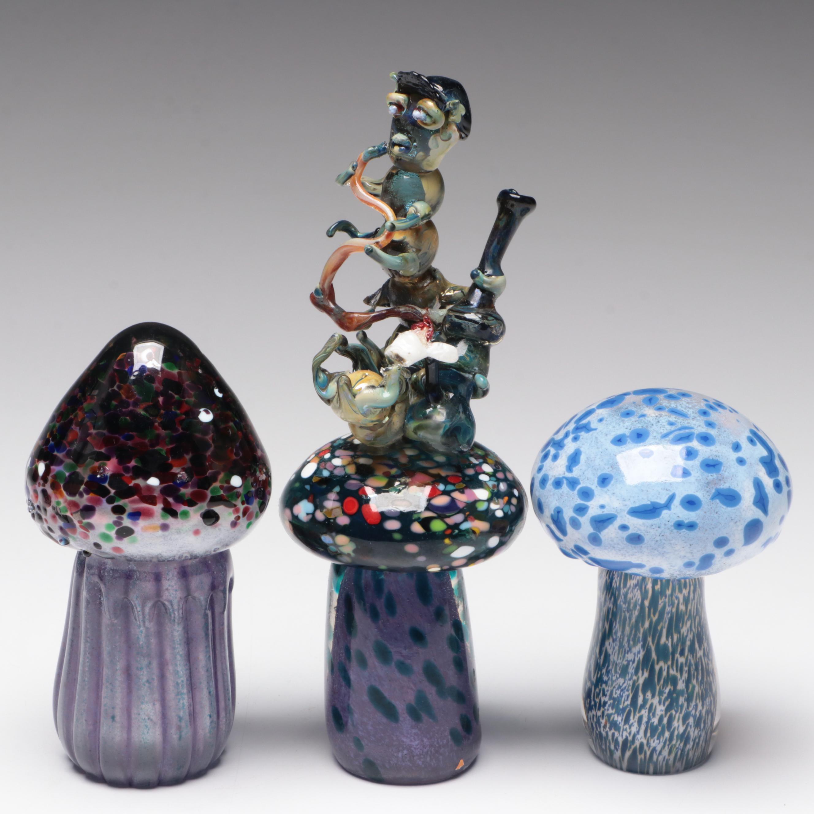 Andy Hudson Handblown Studio Art Glass Face Vase and Mushroom Figurines