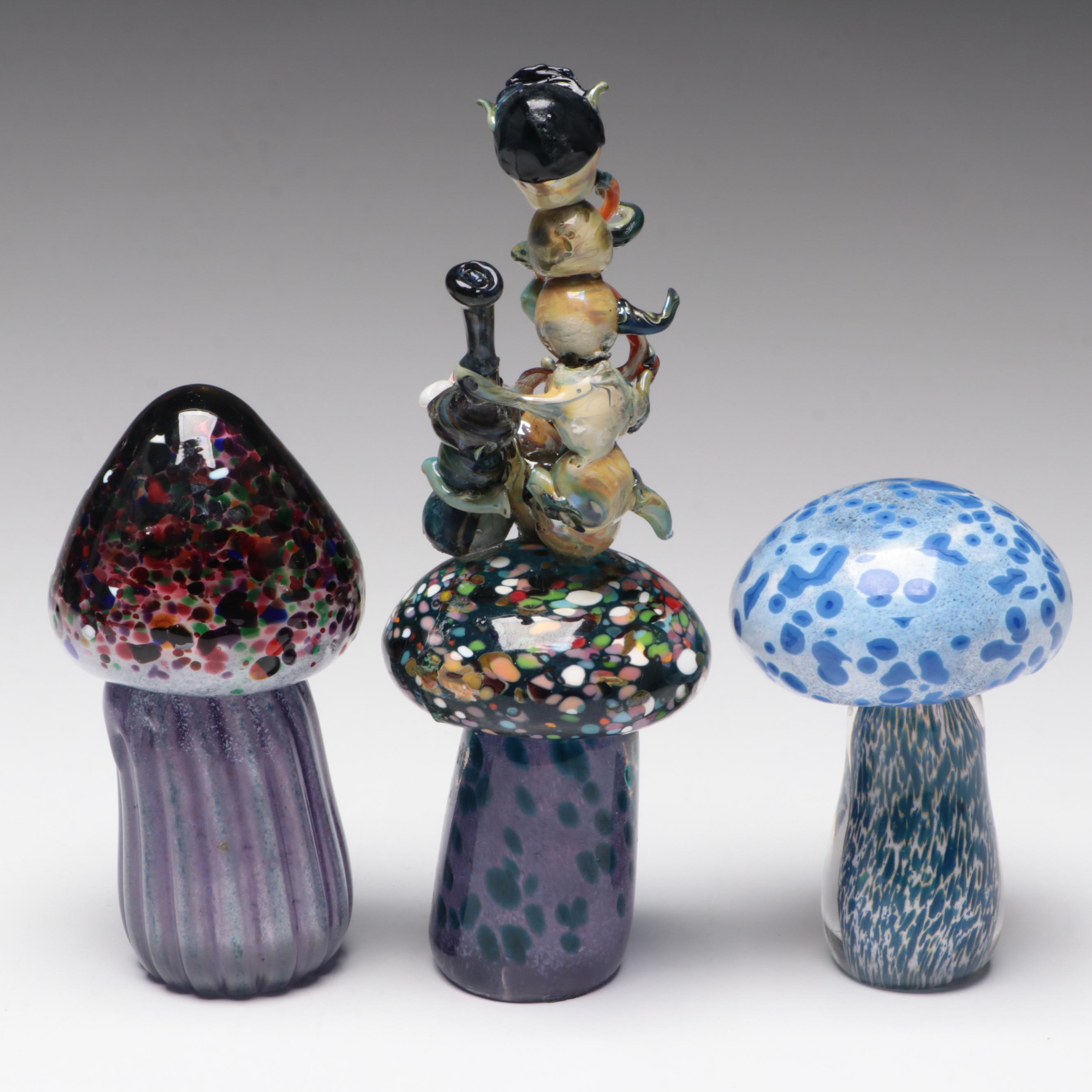 Andy Hudson Handblown Studio Art Glass Face Vase and Mushroom Figurines