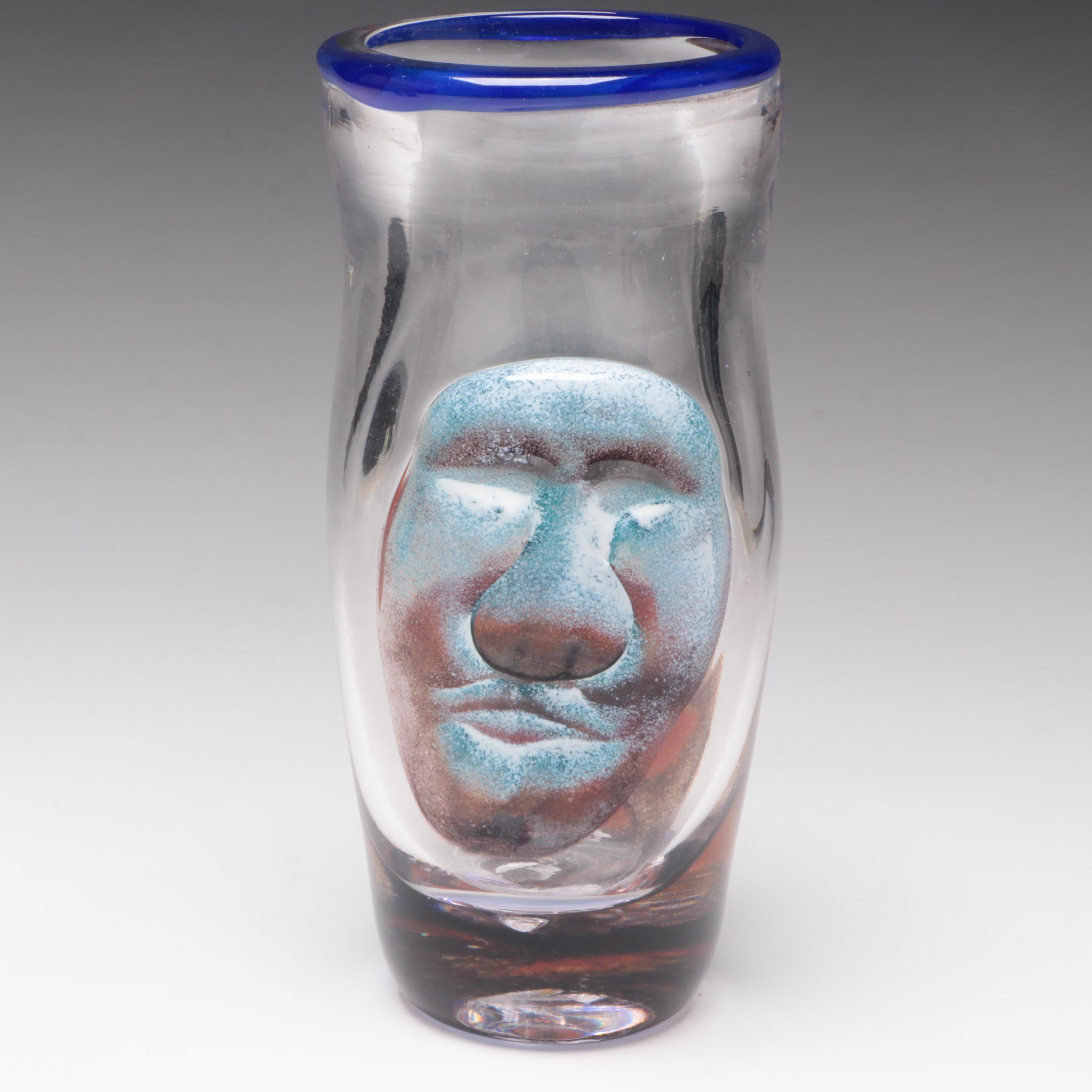 Andy Hudson Handblown Studio Art Glass Face Vase and Mushroom Figurines