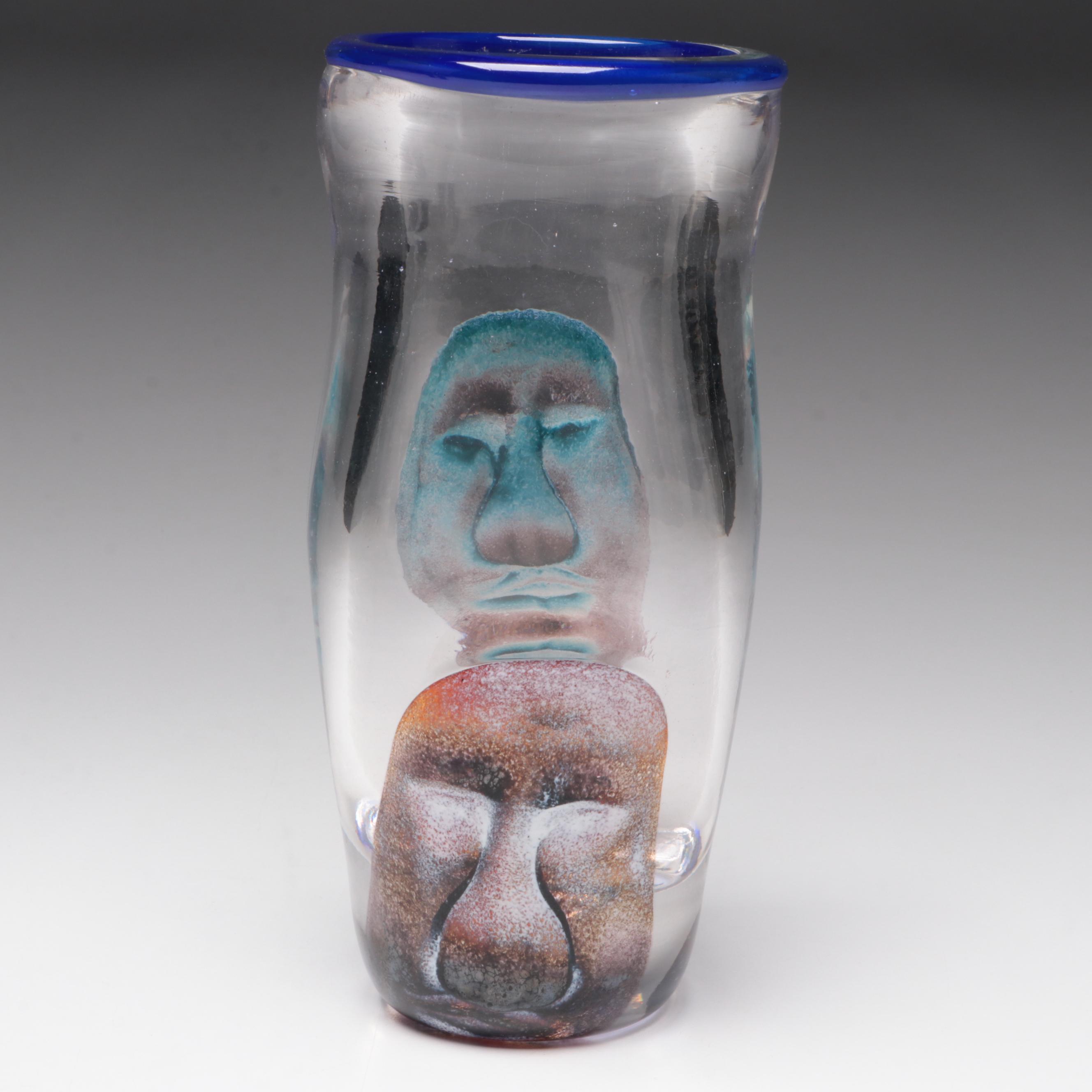 Andy Hudson Handblown Studio Art Glass Face Vase and Mushroom Figurines