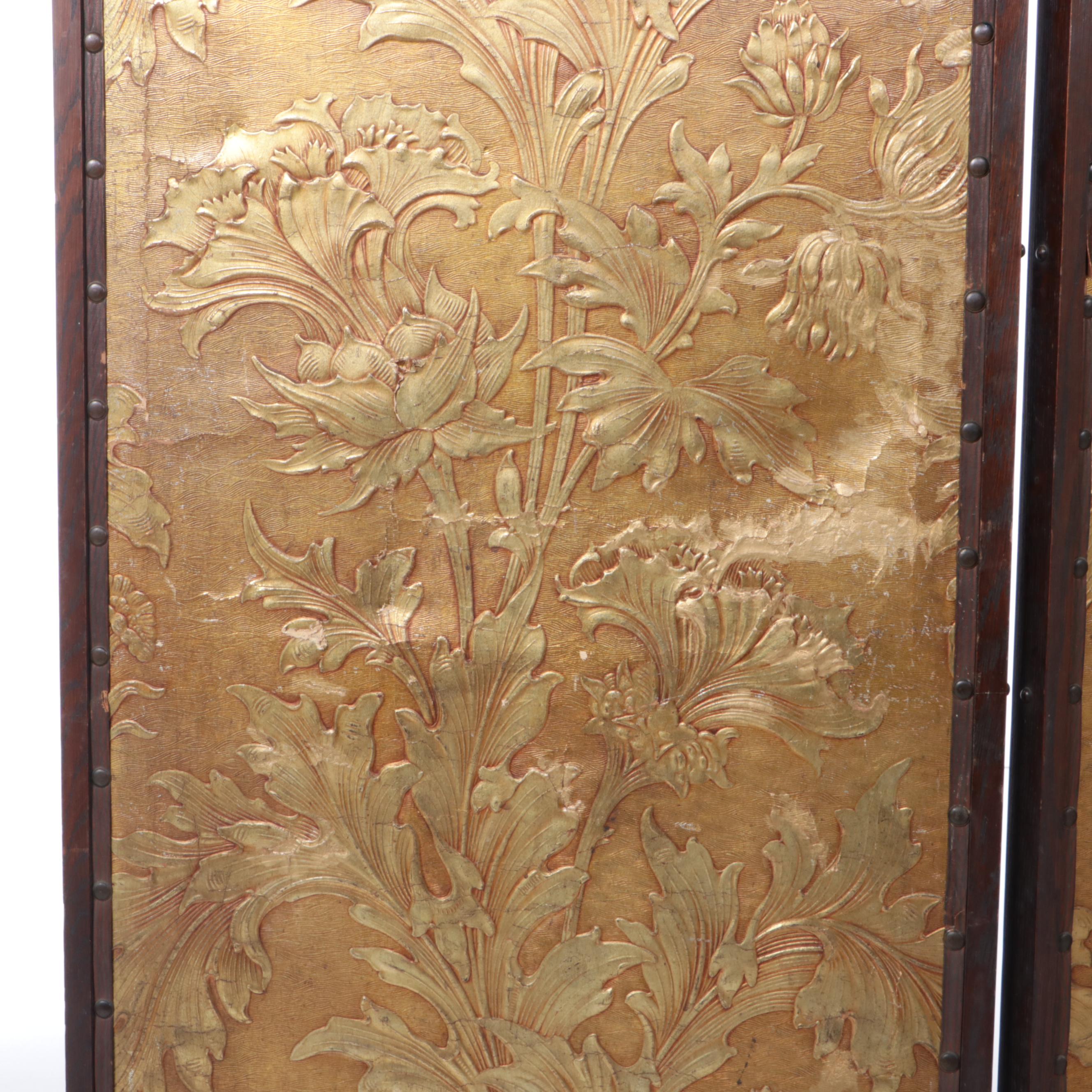 Arts & Crafts Oak and Embossed Paperboard-on-Canvas Three-Fold Screen