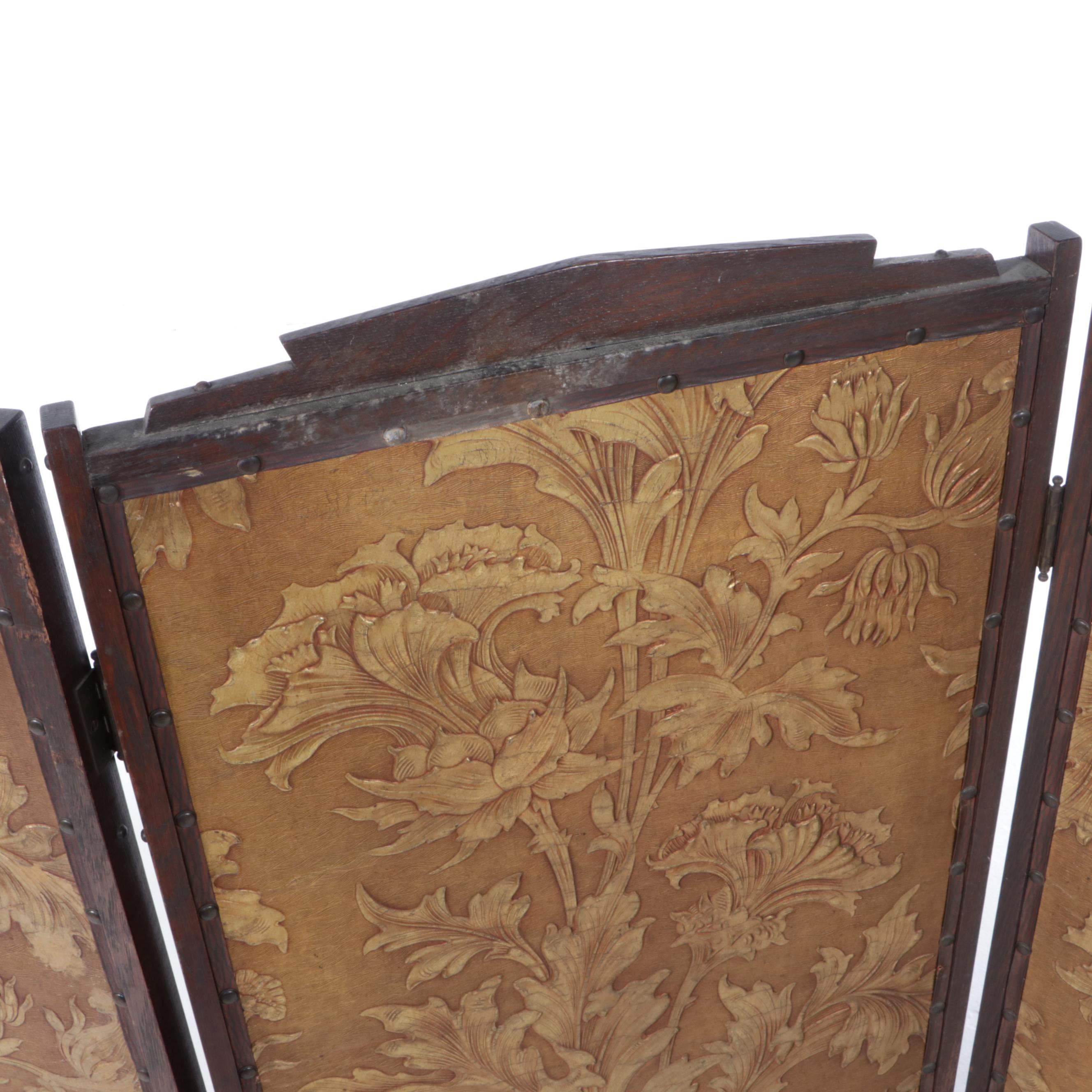 Arts & Crafts Oak and Embossed Paperboard-on-Canvas Three-Fold Screen